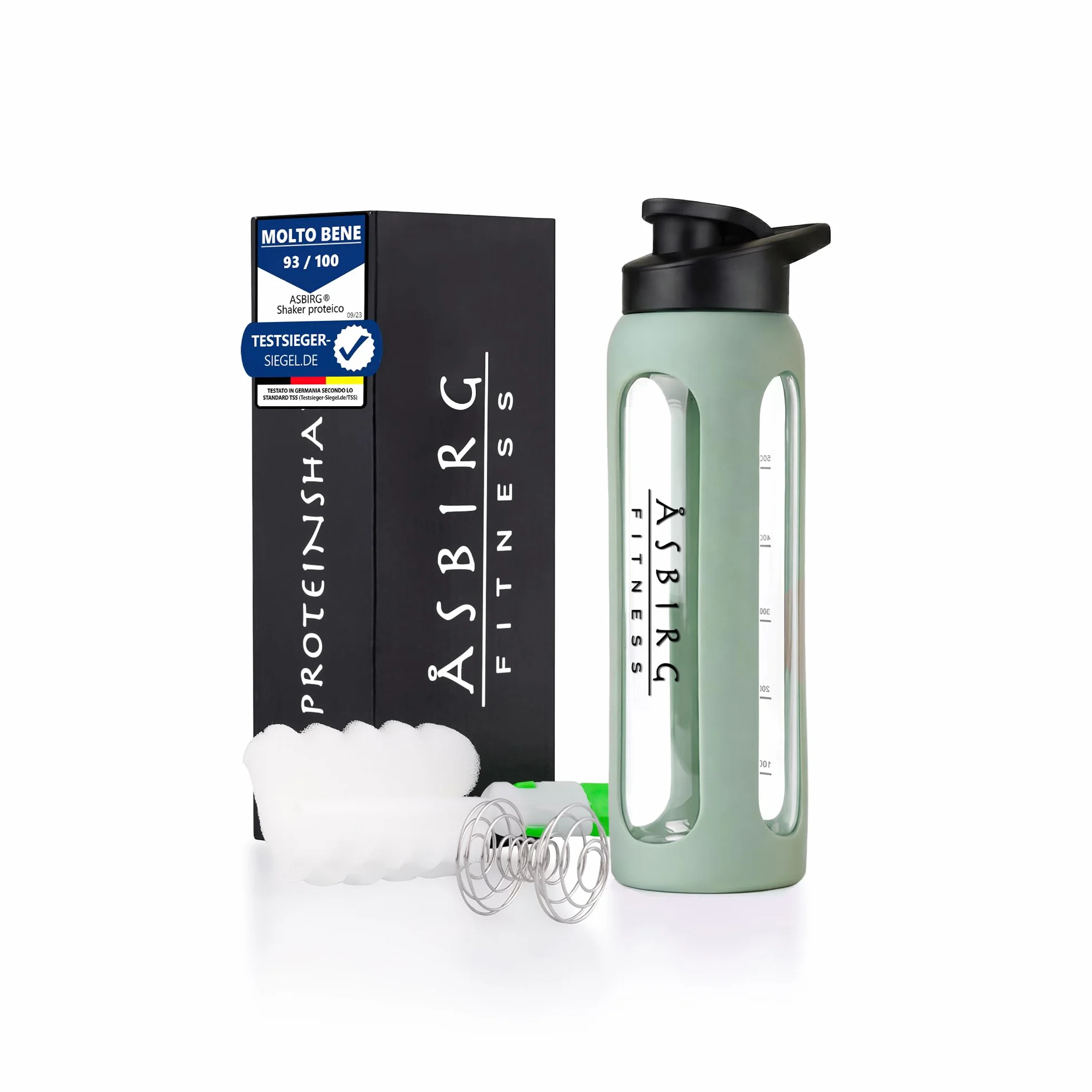 Shaker Proteine in Vetro 700 ml – Senza BPA, a Prova di Perdite & Robusto – Shaker per Proteine con Palla Mixer in Vetro Borosilicato – Bottiglia per Frullati e Sport | Verde Pastello