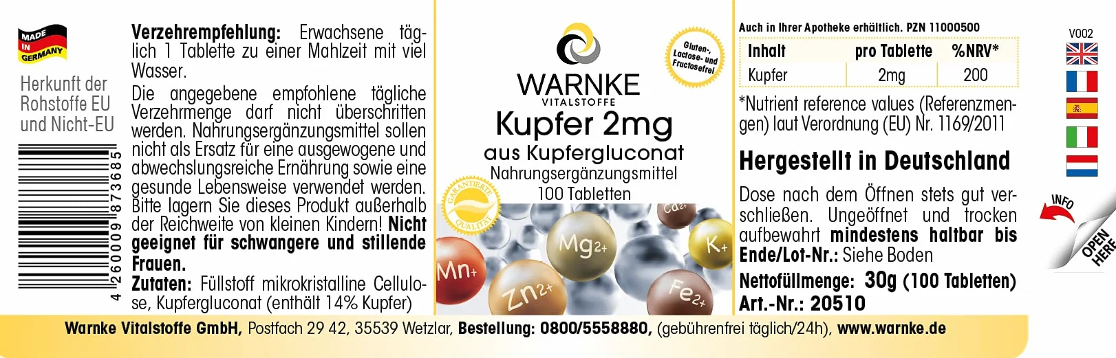 Rame 2mg integratore - Gluconato di rame - 100 compresse - Sostanza pura | Warnke Vitalstoffe - Qualità da farmacia tedesca