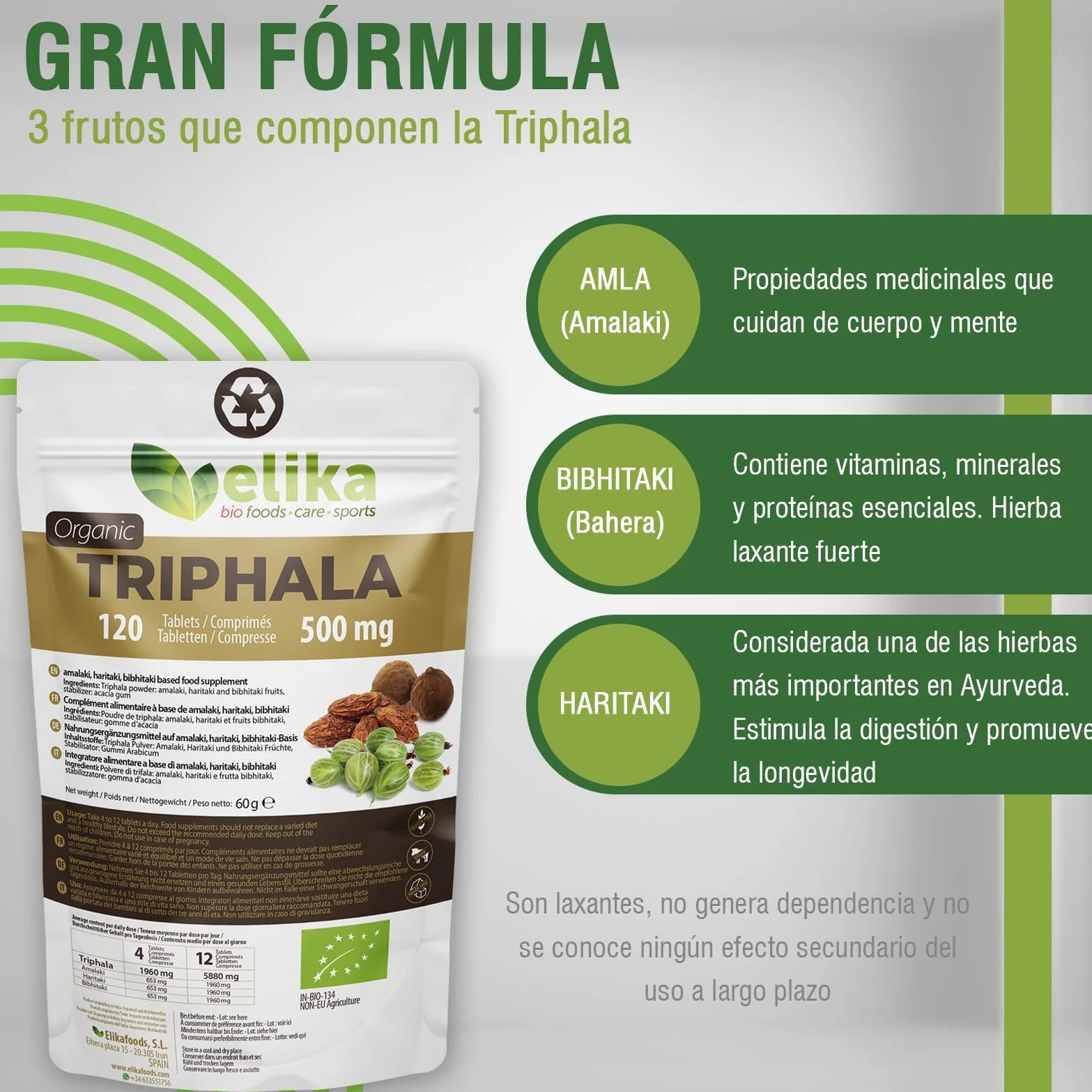 Triphala BIOLOGICO di Elikafoods®. Depurativo e disintossicante naturale. Integratore naturale per la pulizia del colon. Compresse naturali per la stitichezza intestinale - 120 compresse da 500 mg.