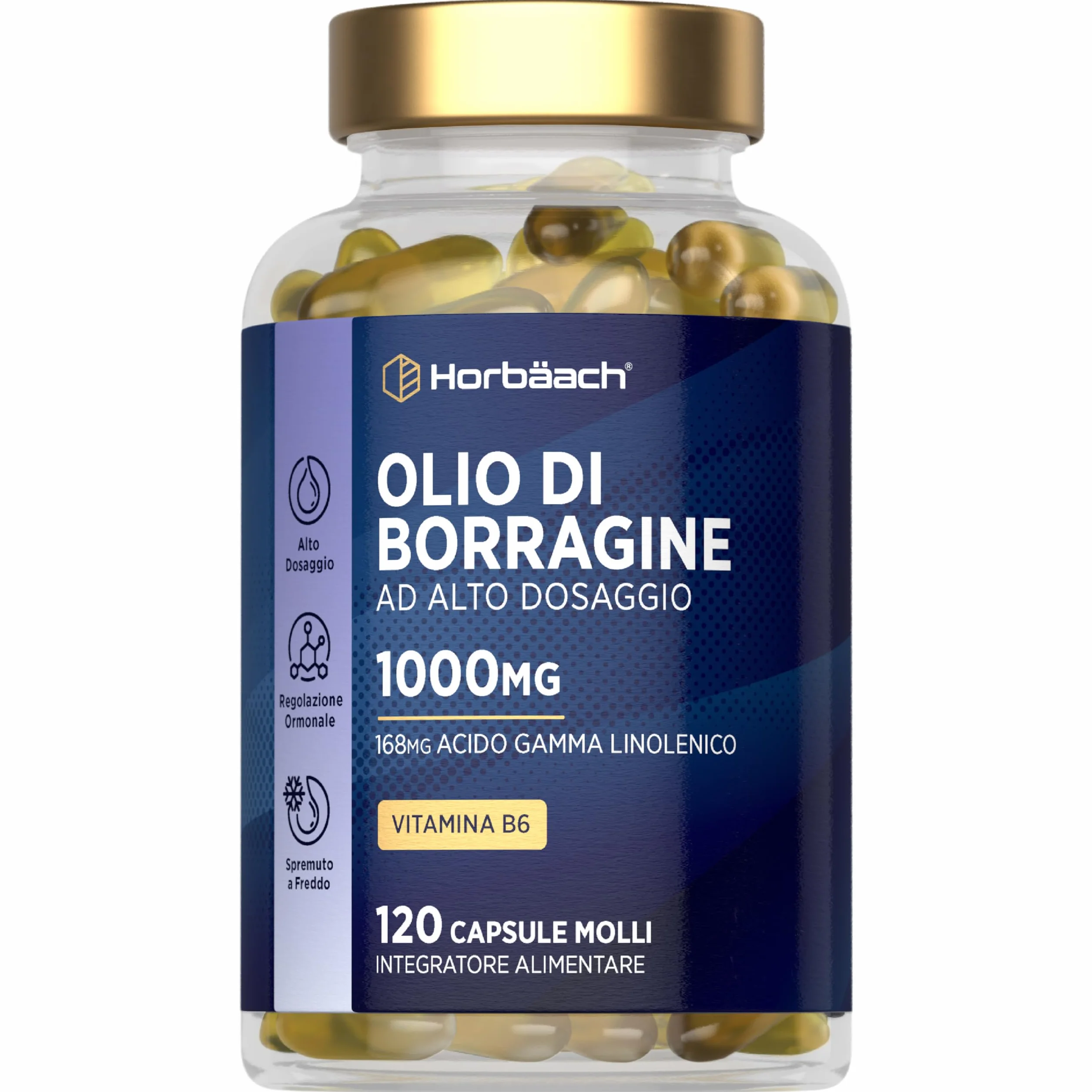 Olio di Borragine 1000mg Horbaach 120 Perle con Vitamina B6 e Acido Gamma Linoleico GLA