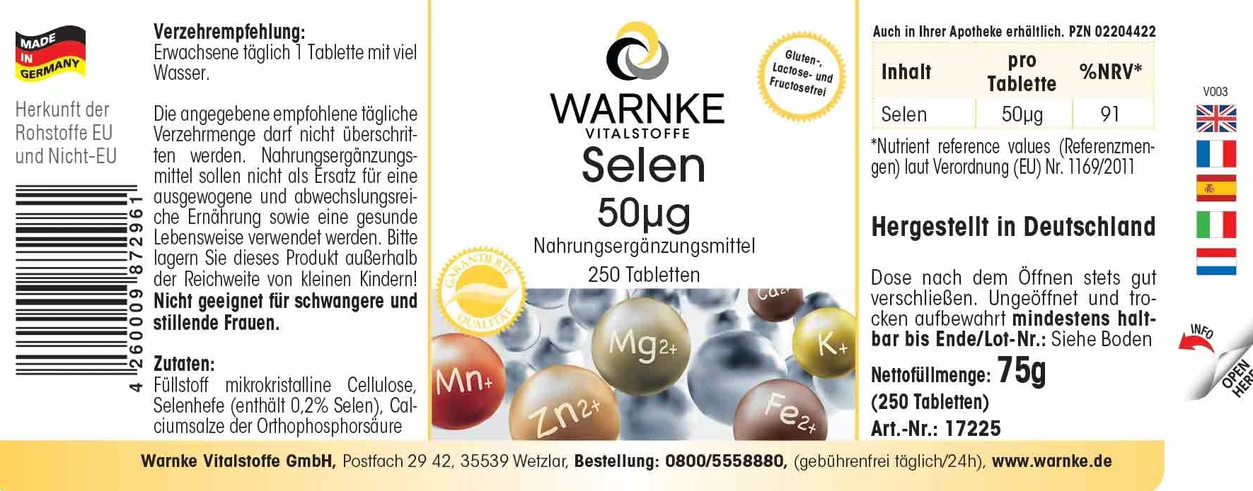 Selenio 50 mcg - 250 compresse - Antiossidante | Warnke Vitalstoffe - Qualità da farmacia tedesca