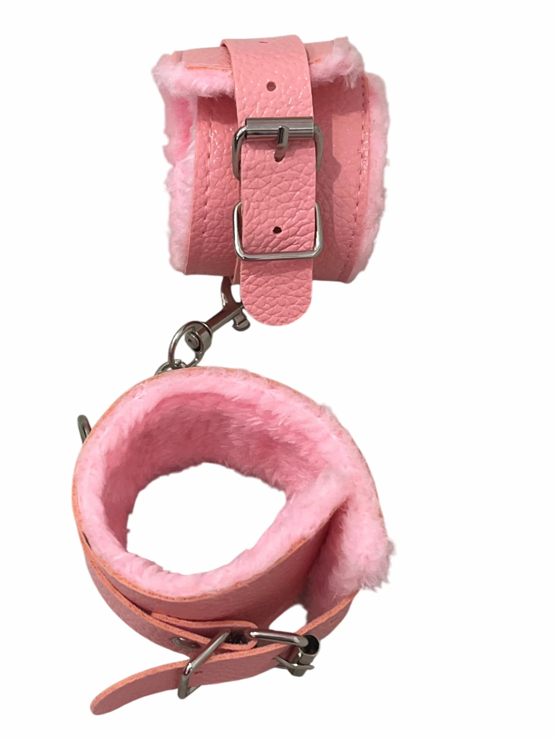 Manette in Pelle con Peluche Rosa e Moschettone - Polsiere in Ecopelle - Manette Pelose Finte Giocattolo