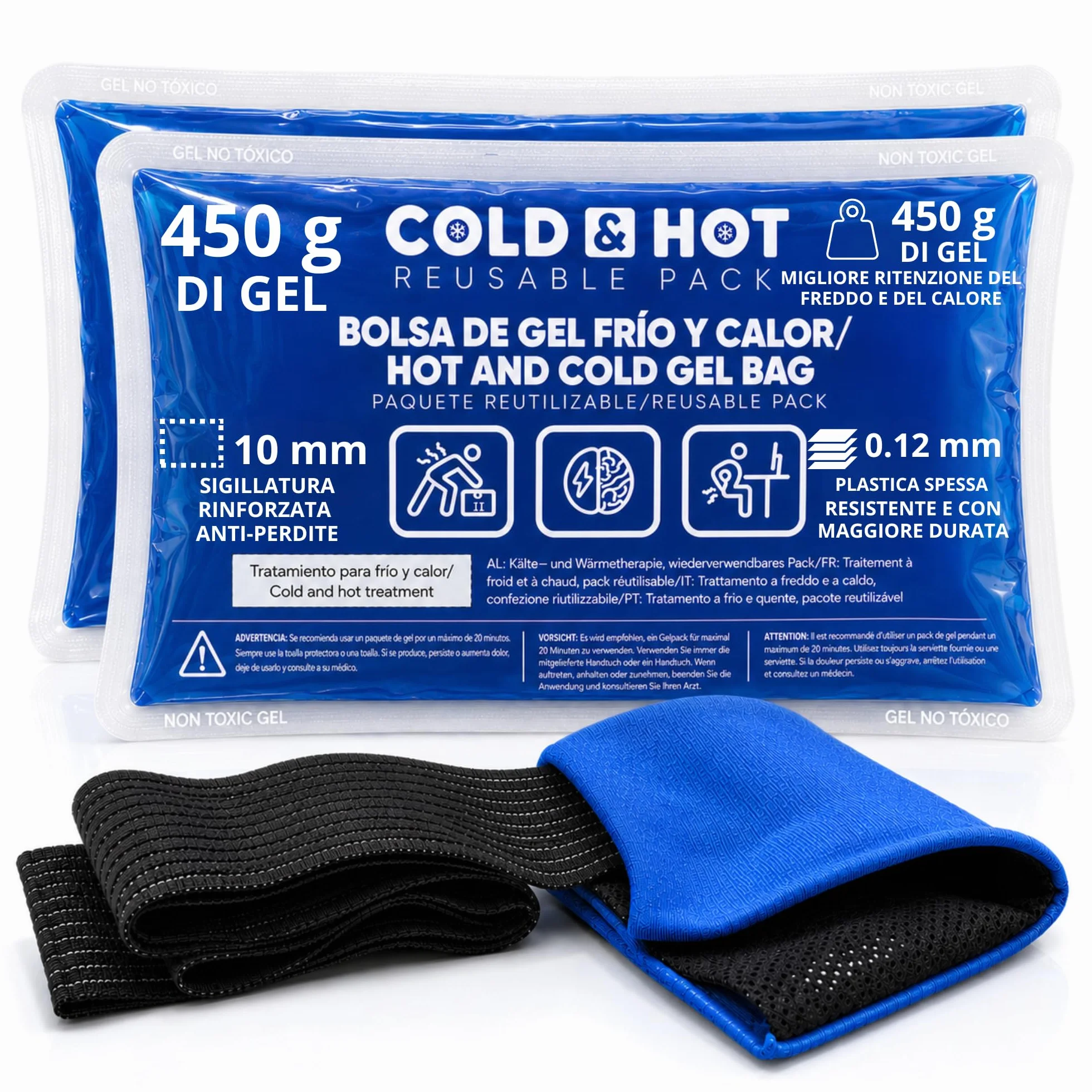 Ghiaccio Gel Riutilizzabile (26x15 cm) Compressa Fredda Calda con Copertura Multiposizione e Fascia di Compressione per Terapie Caldo/Freddo