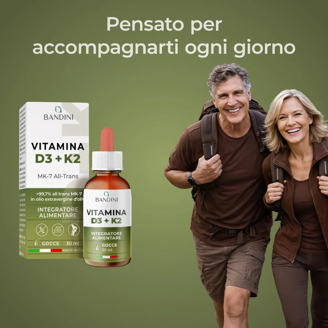 Bandini Vitamina D3 K2 Gocce in Olio Extra Vergine di Oliva EVO 1000 UI Colecalciferolo 100 mcg MK-7 Menachinone