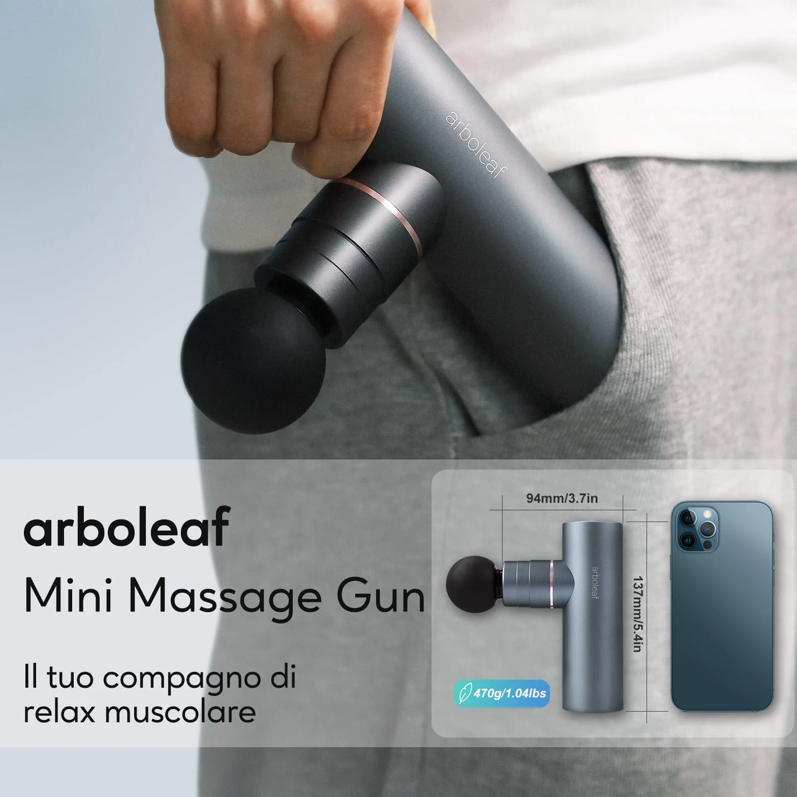arboleaf Pistola Massaggio Muscolare Mini, Pistola Massaggiante, Massaggiatore Muscolare 5 Velocità 4 Testa in Silicone, 3200rpm Massage Gun Rumore Basso, Batteria 2000mAhx2 Ricarica di Tipo-C, Grigio