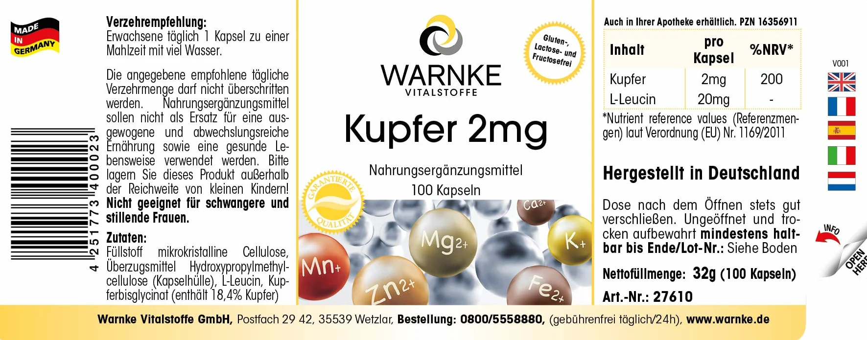 Rame 2mg - 100 capsule vegane da rame bisglicinato | Warnke Vitalstoffe - Qualità da farmacia tedesca