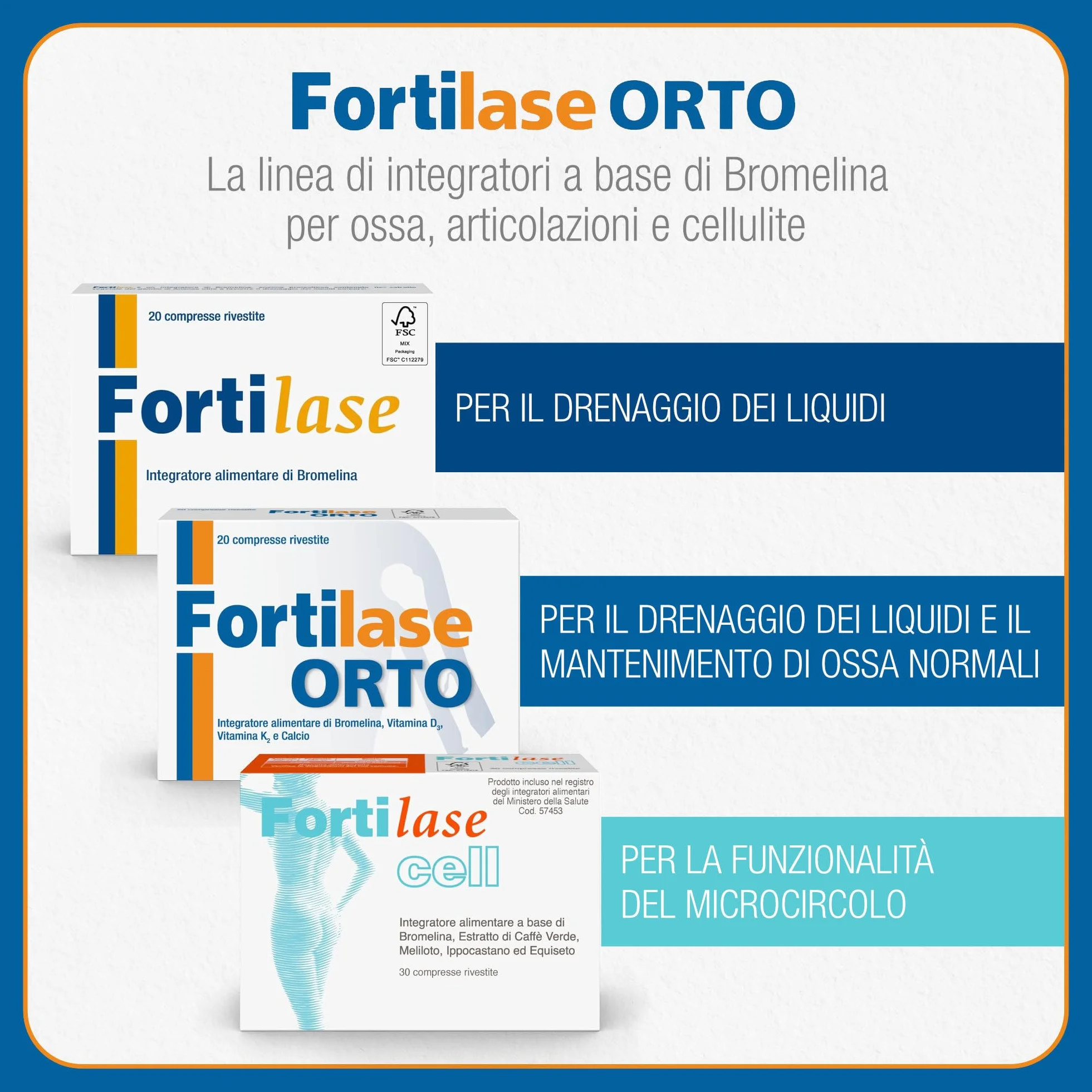 Fortilase Orto, 20 Compresse, Integratore Alimentare di Bromelina, Vitamina D3, Vitamina K2 e Calcio, Supporta il Sistema Osseo e Articolare