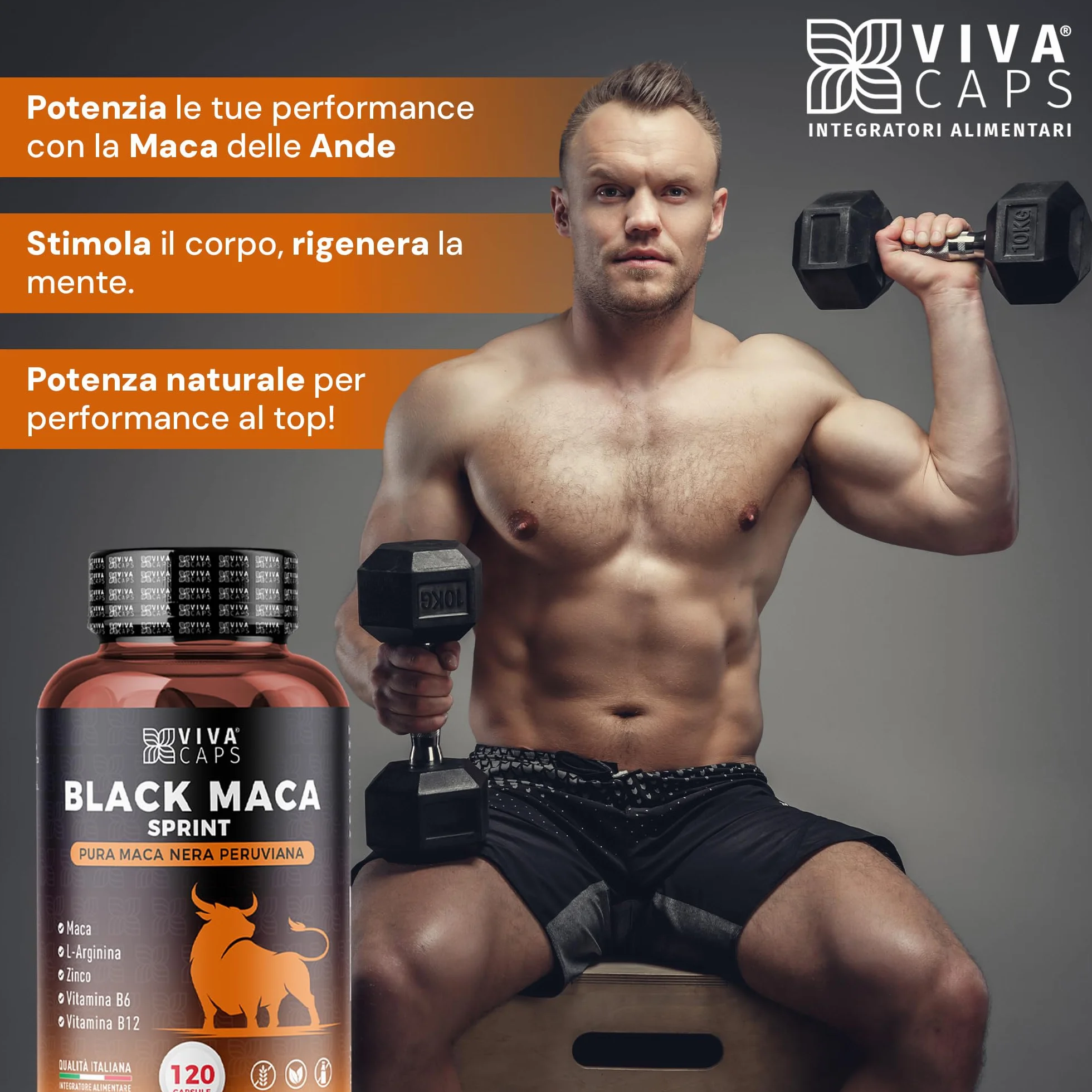 Maca peruviana 24000 mg al giorno estratto 20:1 120 Cps, Black maca con L-Arginina, Zinco, Vitamina B6 e B12 per energia e supporto per la massa muscolare - Made in italy