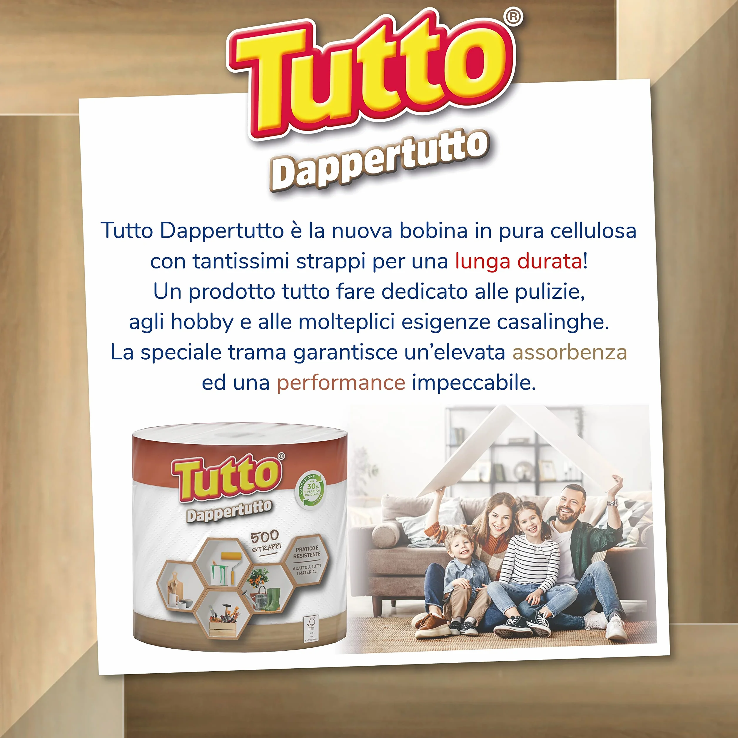 Tutto Asciugatutto Bobina Dappertutto, 1 Rotolo di Carta Multiuso, 2 Veli, 500 Strappi, Extra Assorbente, Made in Italy