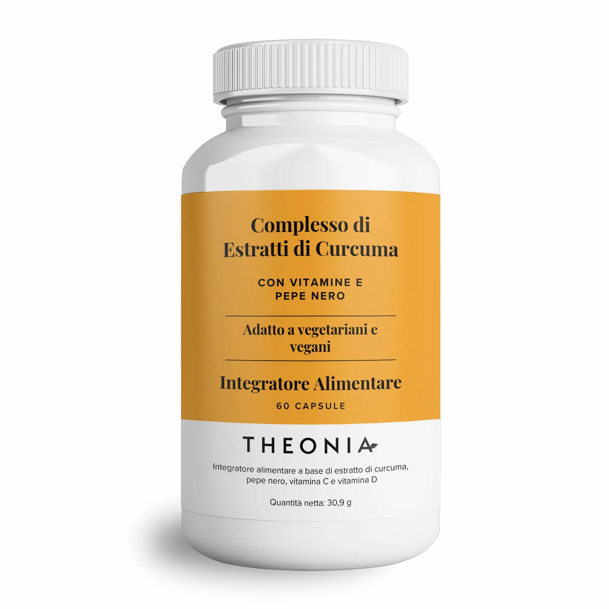 Theonia Curcuma Complesso con Vitamina D3 e C, Pepe Nero - 60 Capsule Vegane