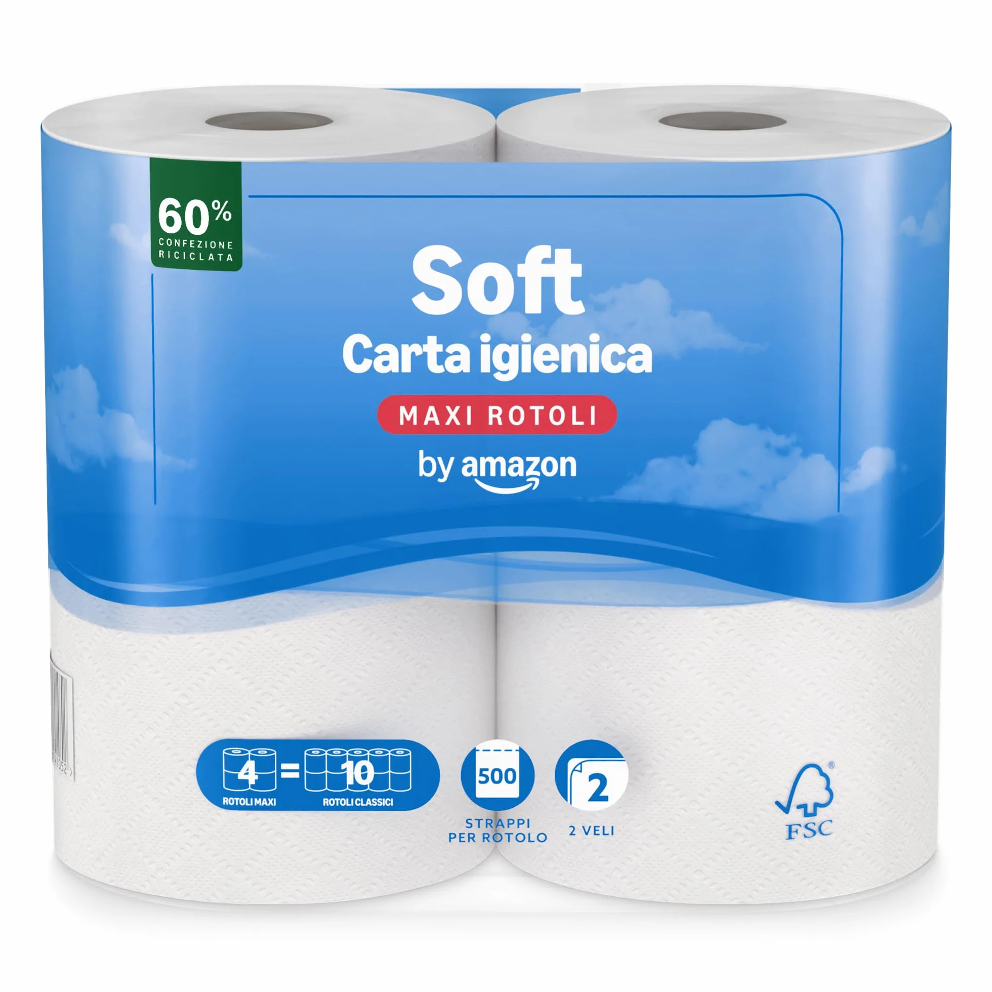 Carta igienica maxi rotolo 2 veli trapuntata morbida 4 rotoli 500 strappi FSC