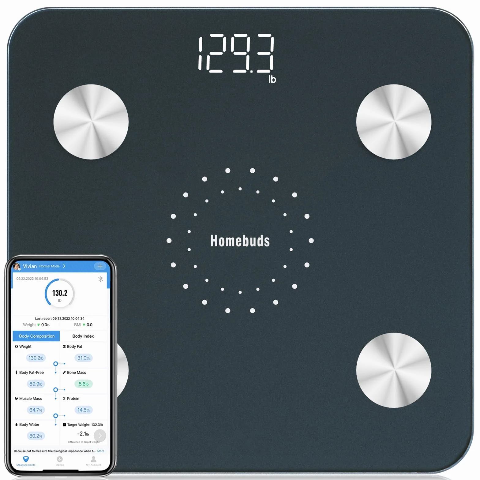 Homebuds Bilancia Pesapersone, Alta Precisione Assicurato Dalla Fabbrica Professionale di Bilancia Pesapersone Digitale dal 2001, App Sync 13 Composizione Corporea, 182kg, LED, Blu