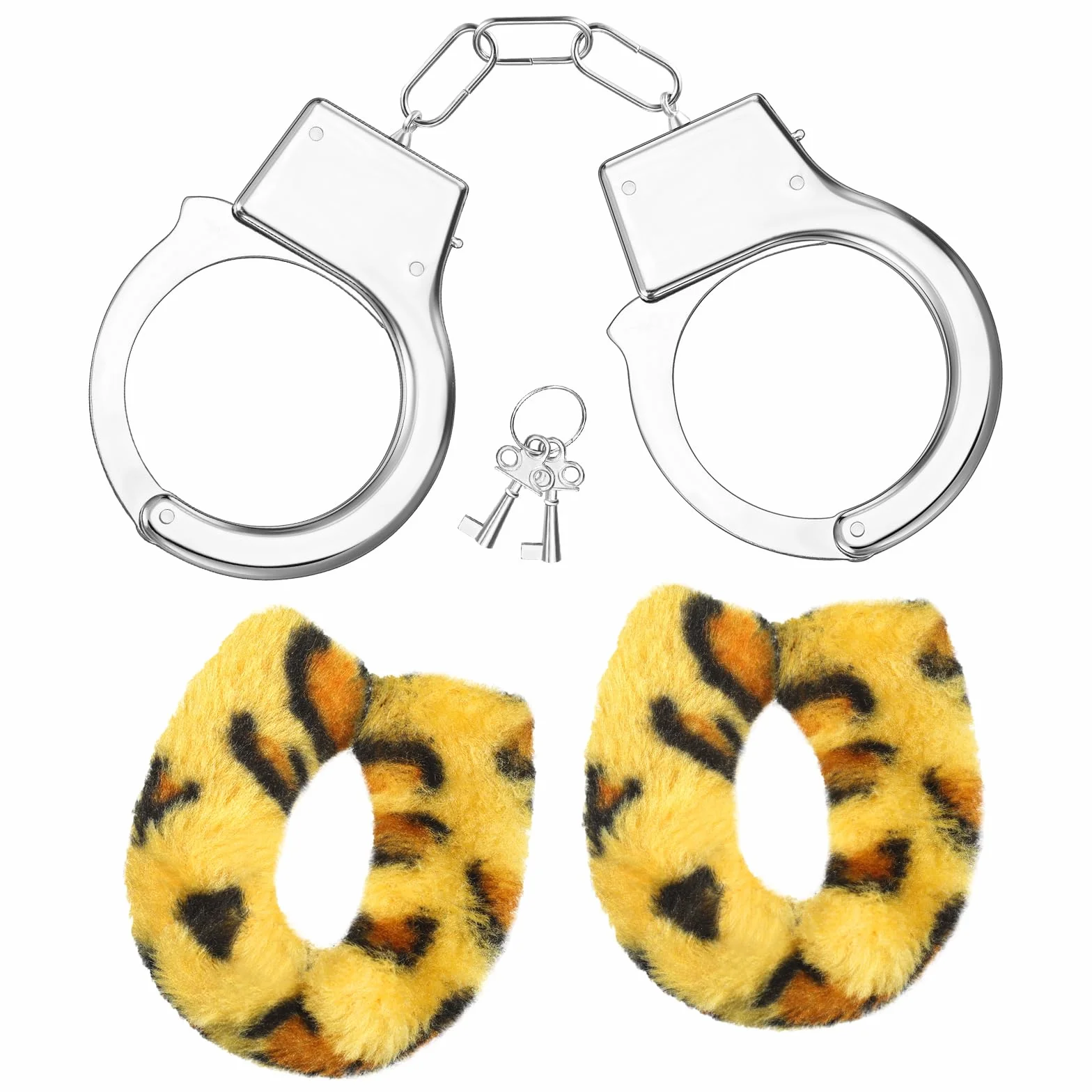 Manette in Metallo con 2 Chiavi Giocattolo di Manette con Peluche e Chiavi Morbide Manette per Cosplay di Polizia per Feste in Costume Accessori per Props Foto (Leopardato, Stile Peluche)