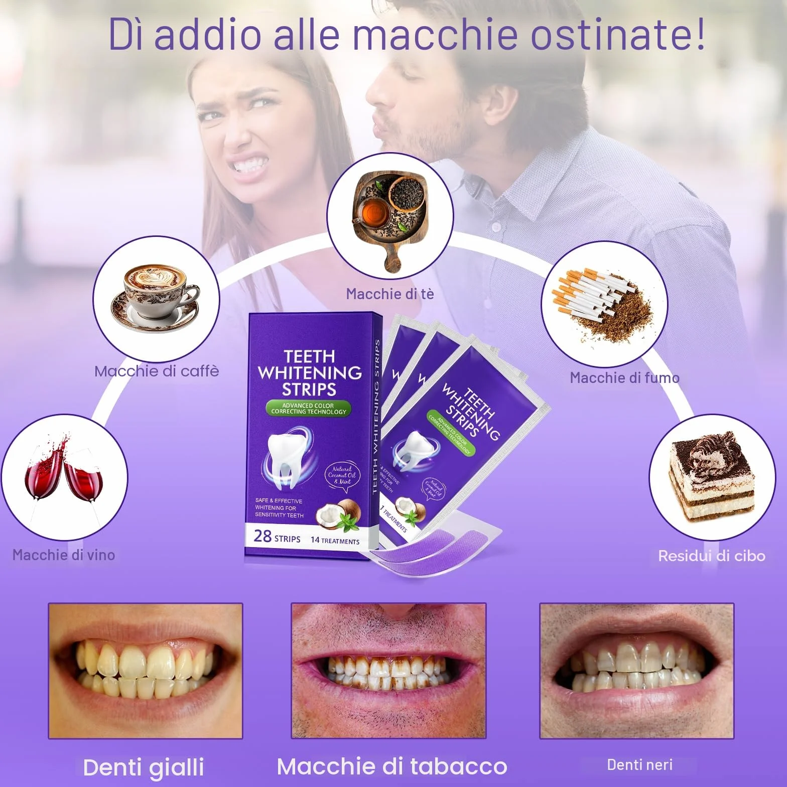 Strisce sbiancanti viola, confezione da 28 pezzi per sbiancamento dei denti per 14 trattamenti, risultati rapidi 30 minuti, formula resistente, sicuro e antiscivolo per tutti