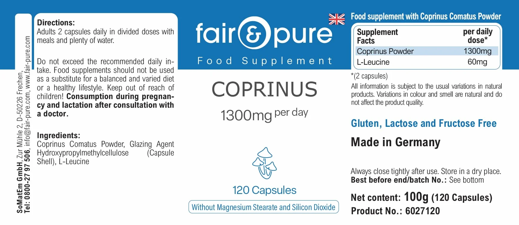 Fair & Pure Capsule di Coprinus 1300mg dose giornaliera, 120 pezzi, fungo coprinus, integratore alimentare vegano senza additivi, prodotto in Germania