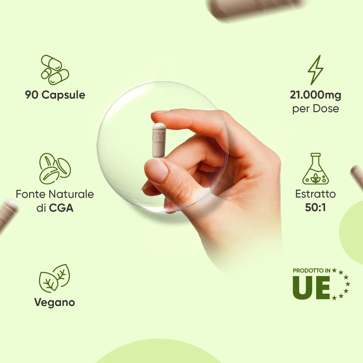Caffè Verde Puro Vegano 21.000mg Estratto 50:1 CGA 90 Capsule Coffea Arabica Green Coffee Beans Bez OGM Prodotto Europa