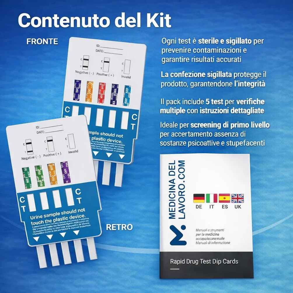 Drug Test 5 Test Antidroga Urine 9 in 1 Cocaina Cannabis Oppiacei Metadone Ecstasy Anfetamine Metanfetamine Crack Eroina Benzodiazepine Buprenorfina