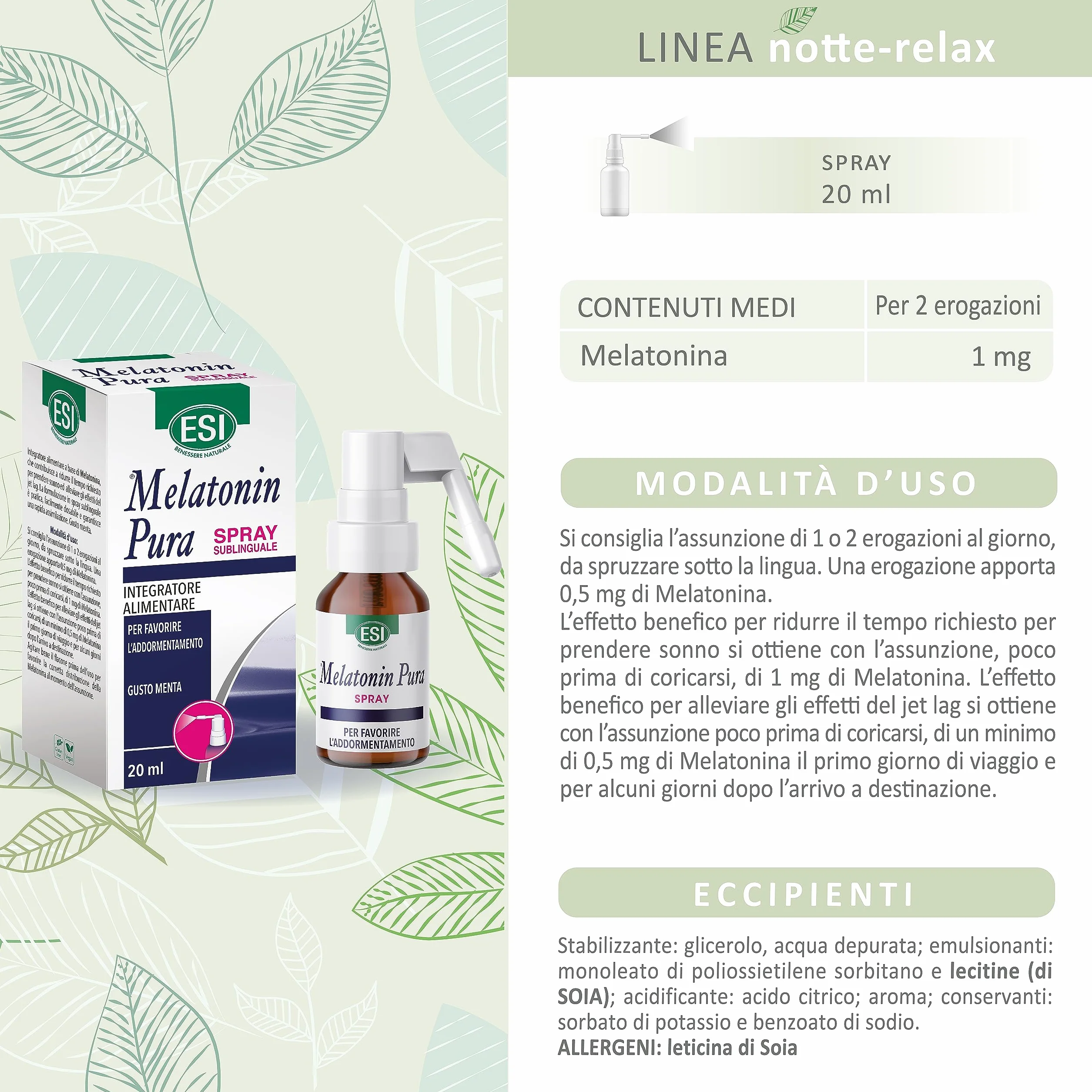 ESI Melatonin Pura Integratore Alimentare Melatonina Spray 20 ml Senza Glutine Vegan