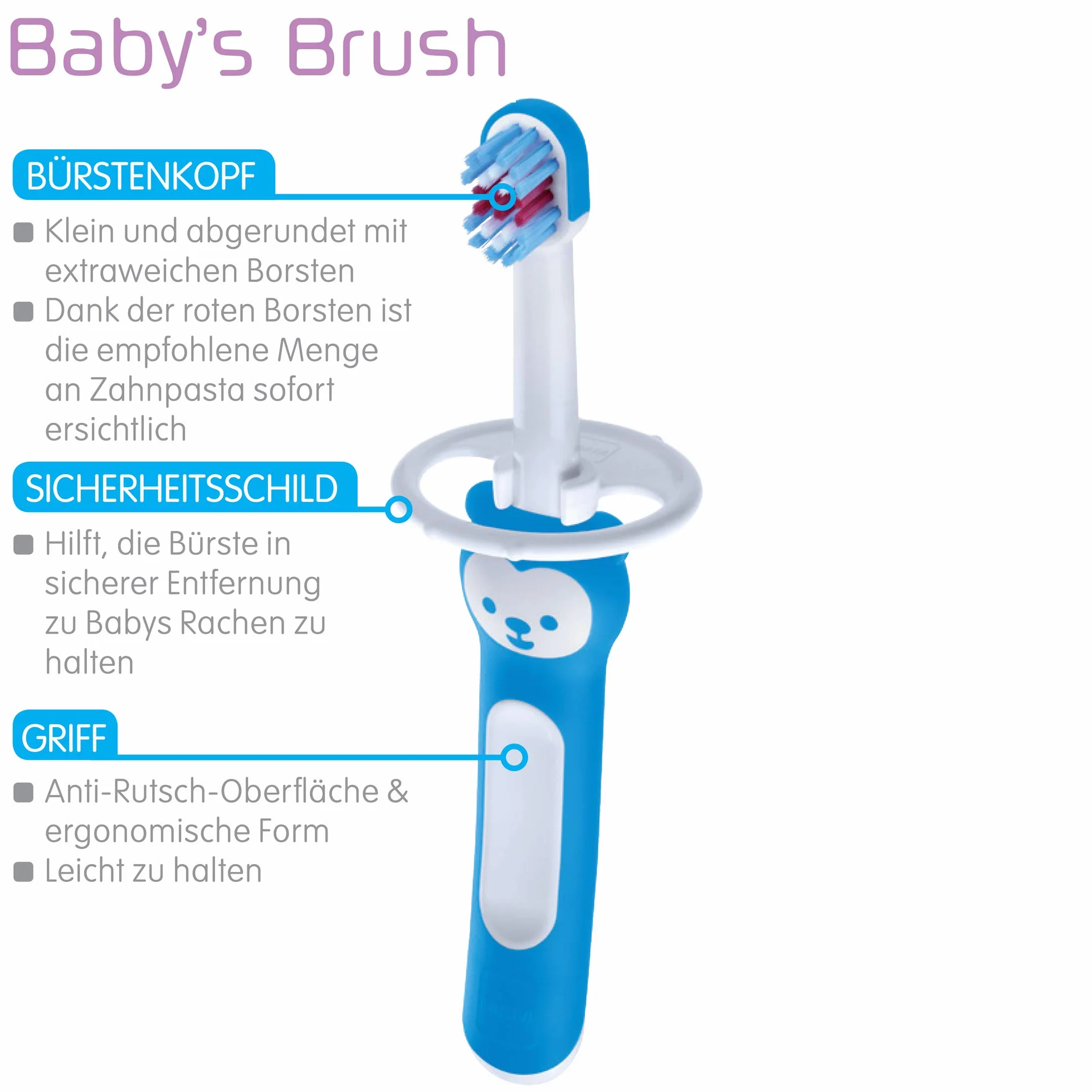 MAM Baby 's Brush, spazzolino da denti con manico corto per una facile tenuta, spazzolino da denti per bambini per una pulizia delicata dei denti, a partire dai 6 mesi, turchese
