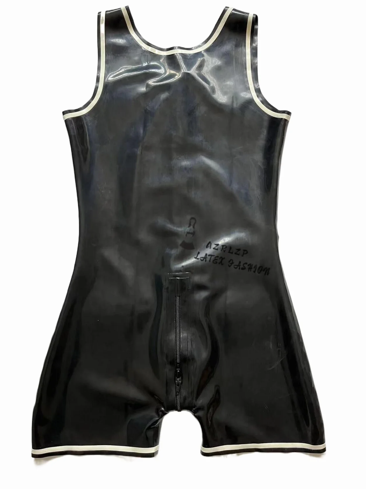 Body da uomo sexy in lattice di gomma senza maniche, stile canotta, con cerniera sul cavallo