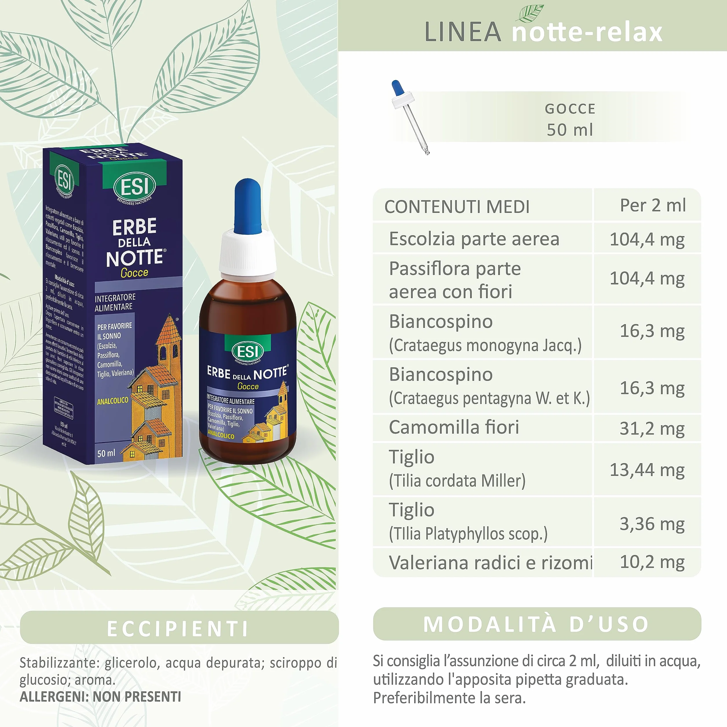 ESI Erbe della Notte Integratore Alimentare Gocce Passiflora Camomilla Valeriana Sonno Ansia Stress Senza Glutine Vegan 50 ml