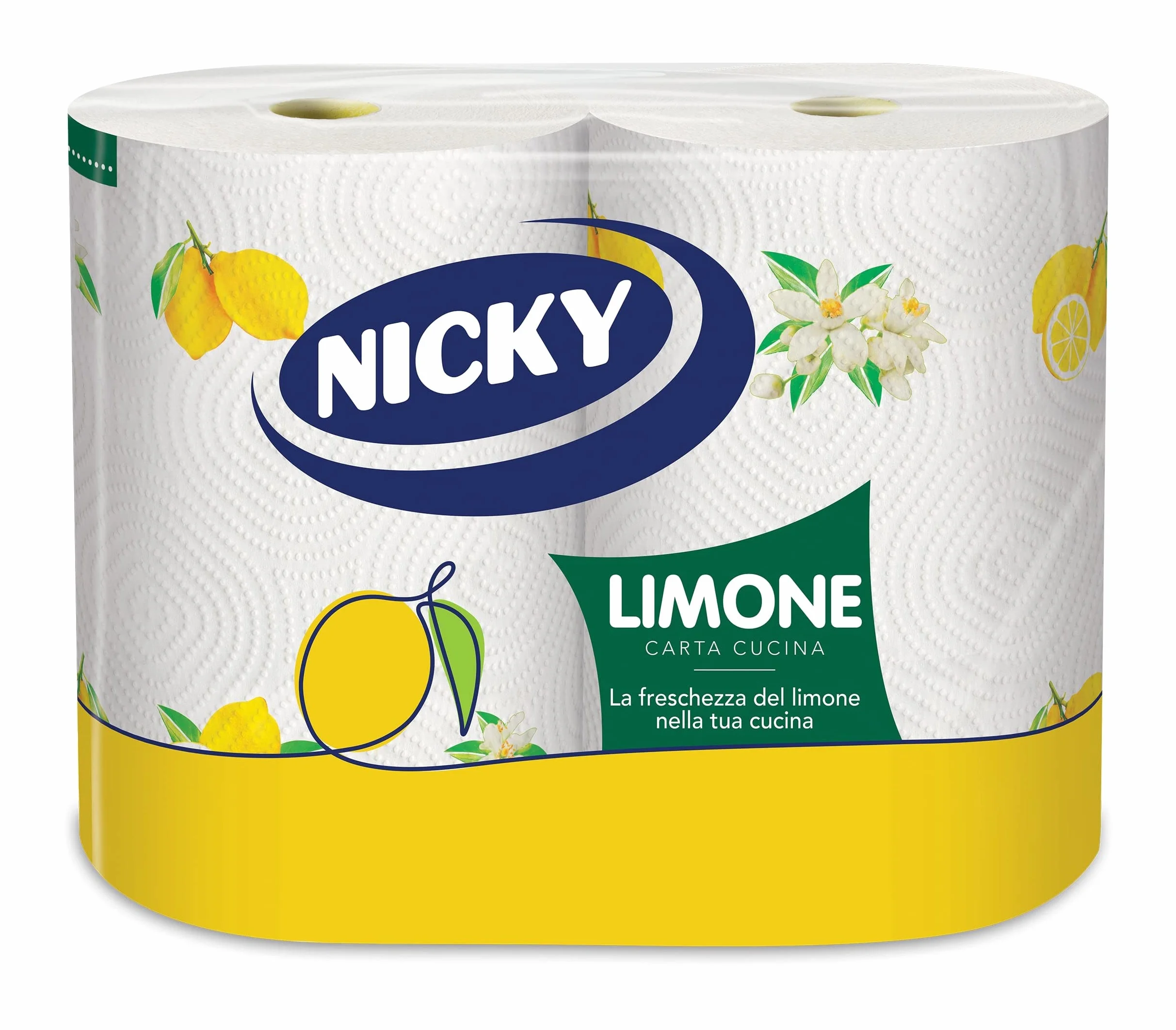 Nicky Limone Carta Cucina 2 Rotoli 100 Fogli Assorbenti 2 Veli Spessa Resistente Fresco Profumo Limone 100% FSC®
