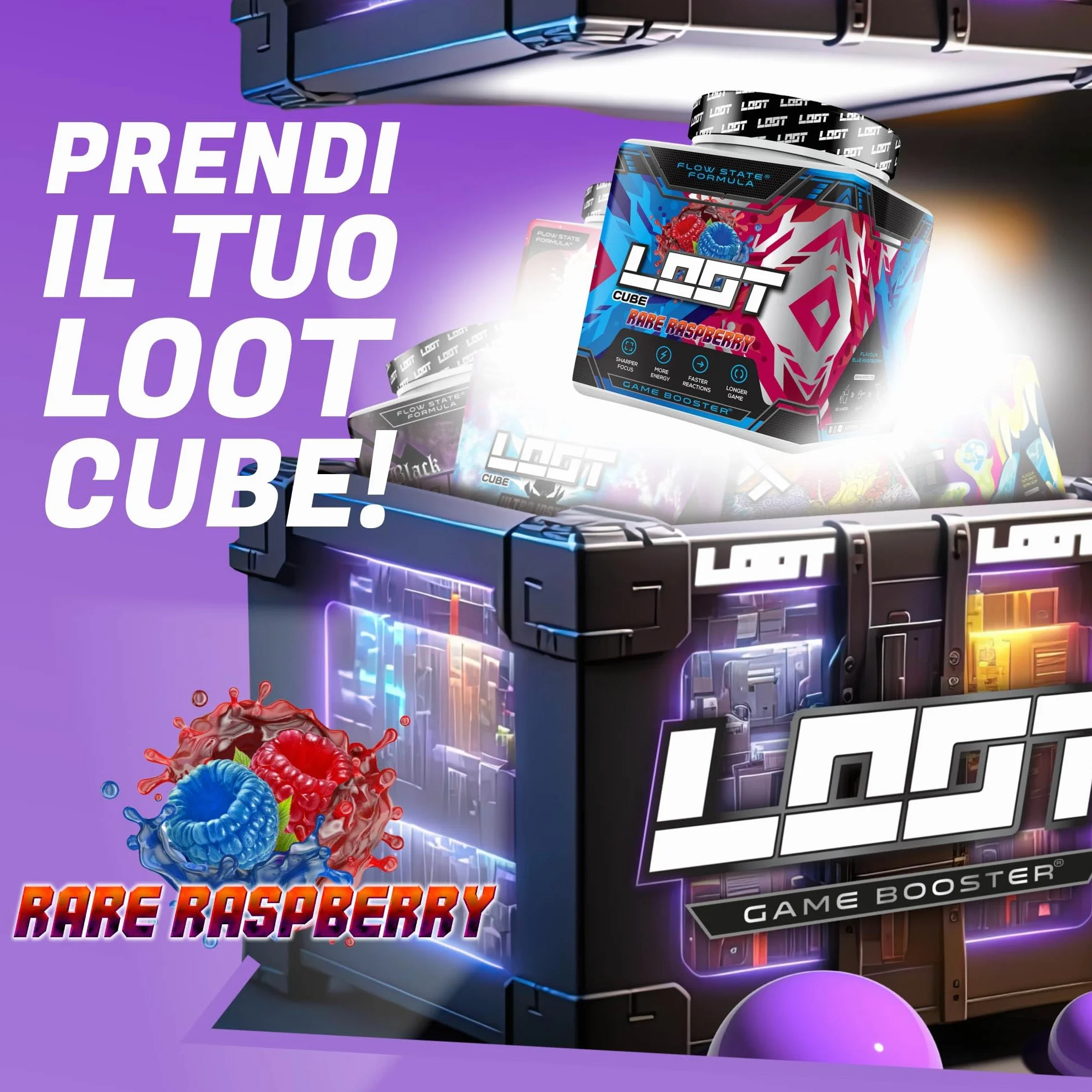 LOOT® - Booster di gioco premium con la formula Flow-State® | 50 porzioni (400g) con caffeina | 20 ingredienti ad alto dosaggio | Design unico | Concentrazione Resistenza Reattività | Lampone raro