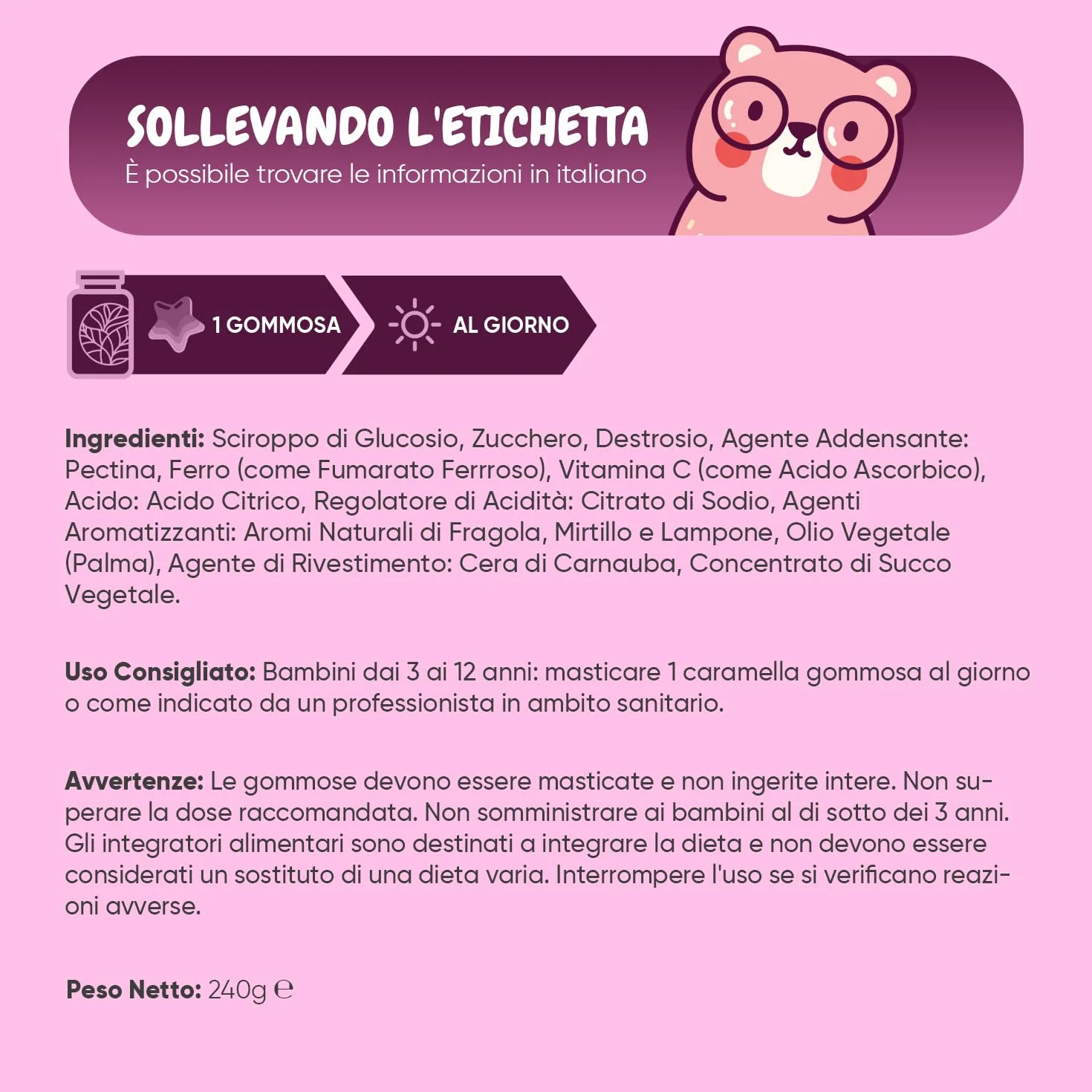 Ferro Bambini con Vitamine Gommose, 120 Caramelle Vegane ai Frutti di Bosco con Vit C, (4 Mesi di Fornitura) dai 3 ai 12 Anni, Integratore Ferro e Vitamina C Bambini Gommose, Prive di Glutine e OGM