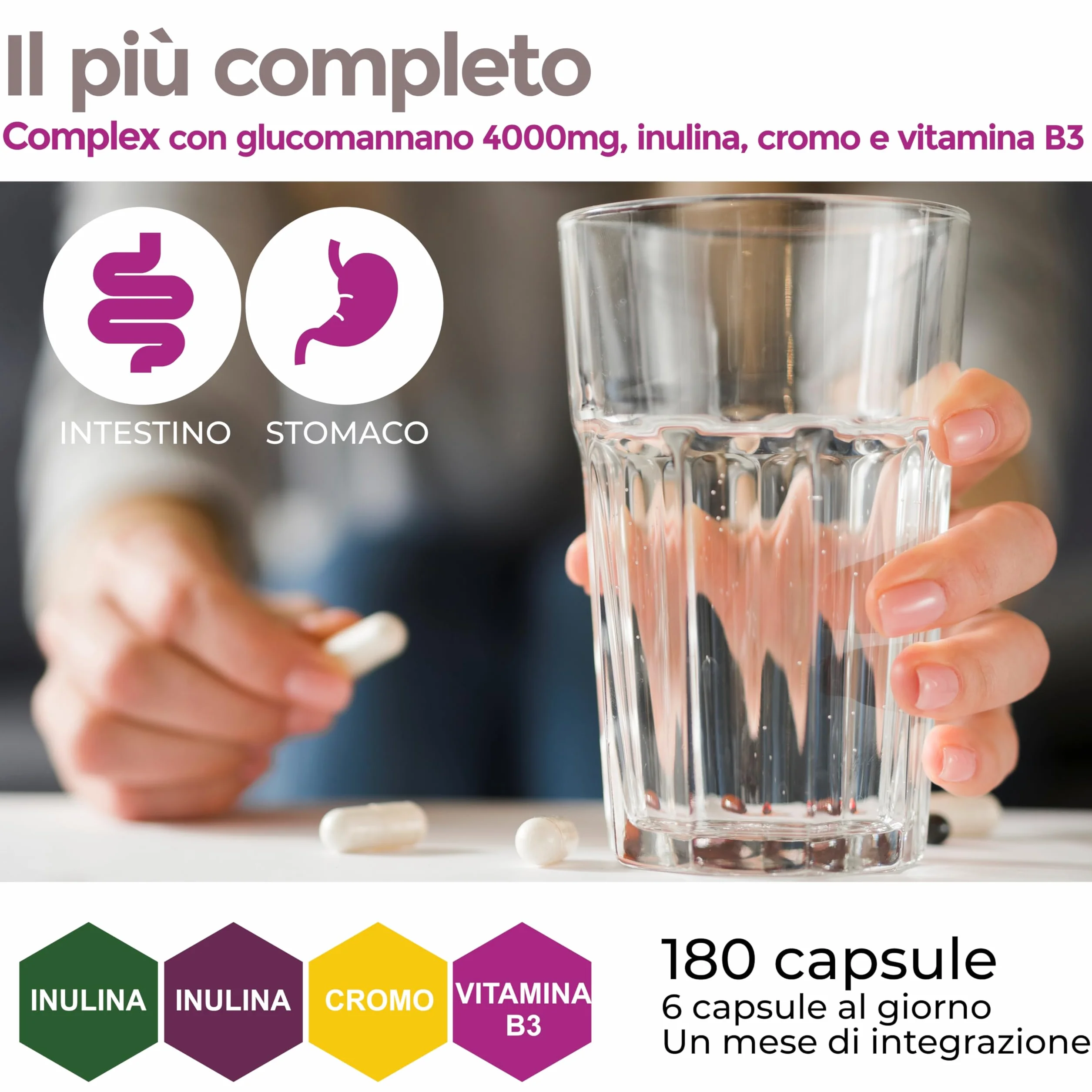 Glucomannano Capsule con Inulina, Cromo e Vitamina B3 – Fibra Alimentare – 180 Capsule Vegane – J.Armor Pharma