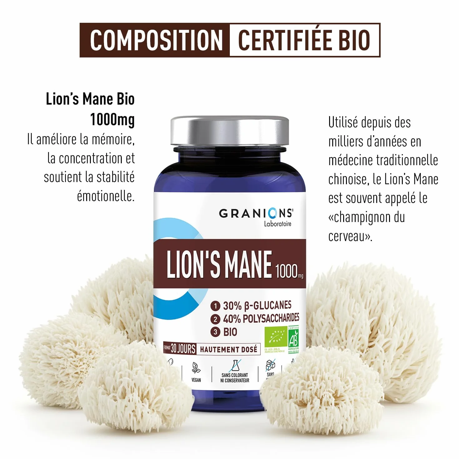 Granions Lion's Mane Bio 1000 mg 90 Capsule Vegetali 40% Polisaccaridi 30% Beta-Glucani KSM Hericium erinaceus Vegan Senza Glutine