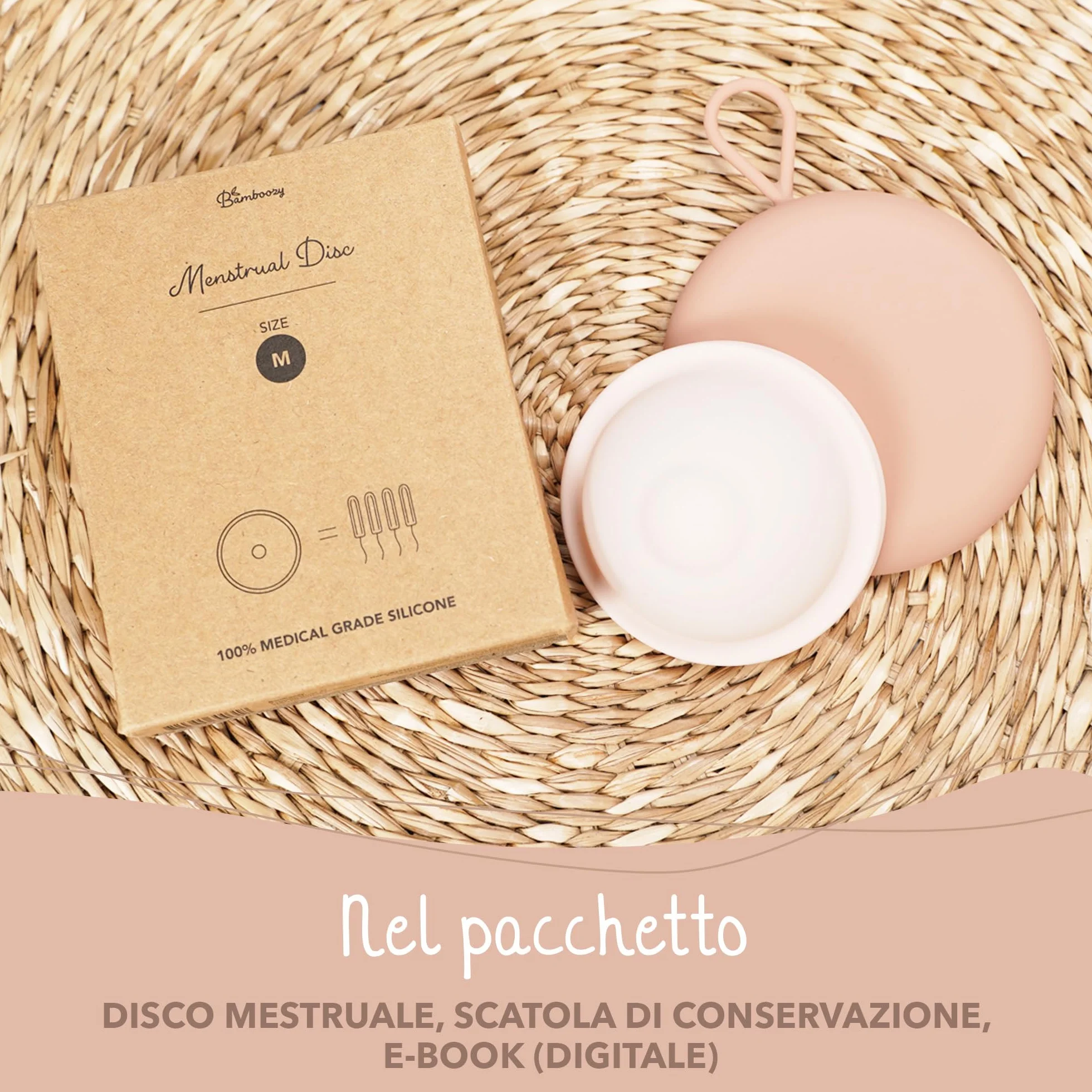 Bamboozy Disco Menstruale con Custodia in Silicone (M) - Disco Menstruale Sostenibile e Riutilizzabile in 100% Silicone Medicale - Senza BPA - Protegge fino a 12 ore - per Sport e Nuoto