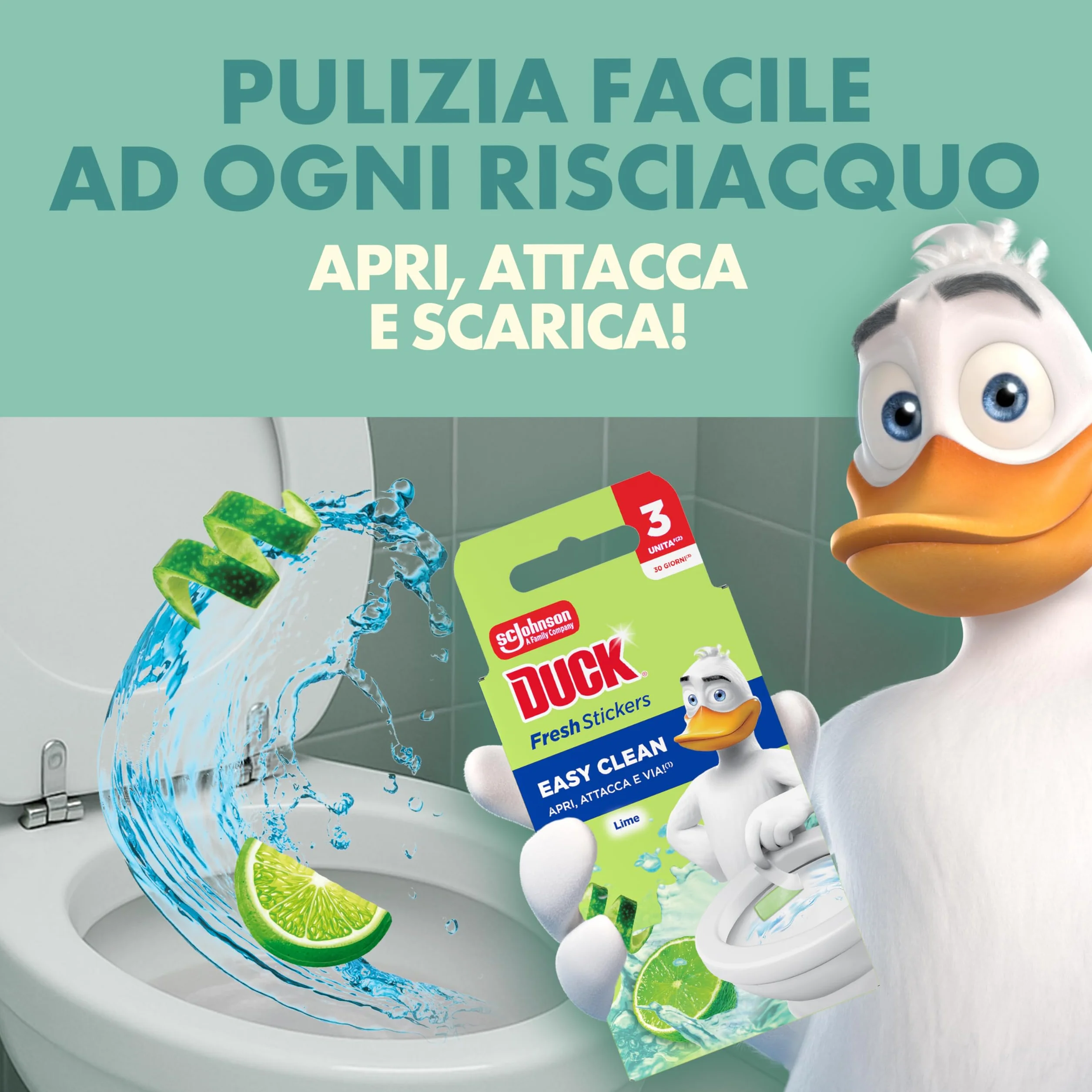 Duck Fresh Stickers - Strisce Adesive Gel Igienizzanti WC, Profumo Lime, Formato Scorta da 10 Confezioni, 30 Strisce