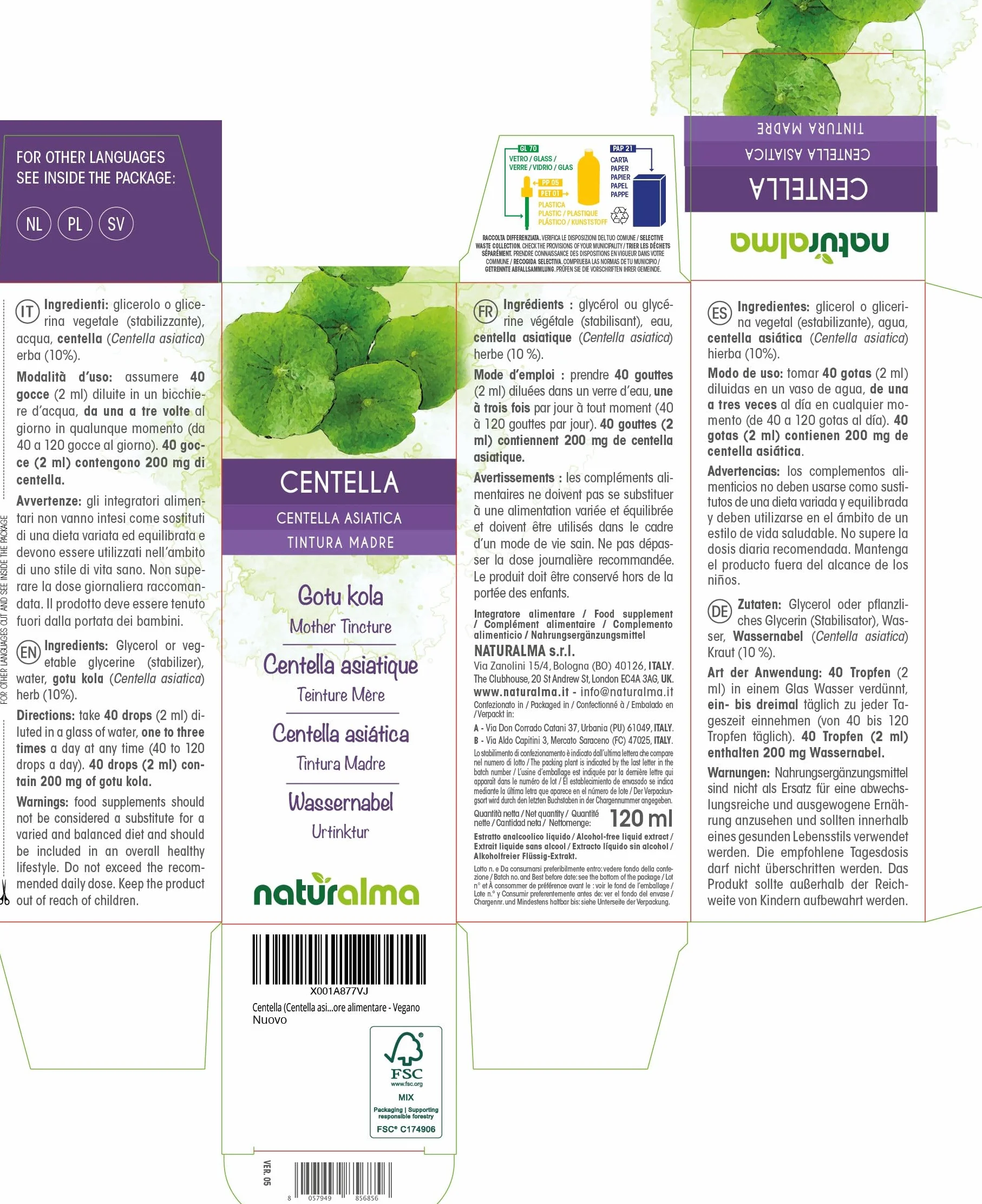 Centella asiatica Tintura Madre analcoolica Naturalma Estratto liquido gocce 120 ml Integratore alimentare Vegano