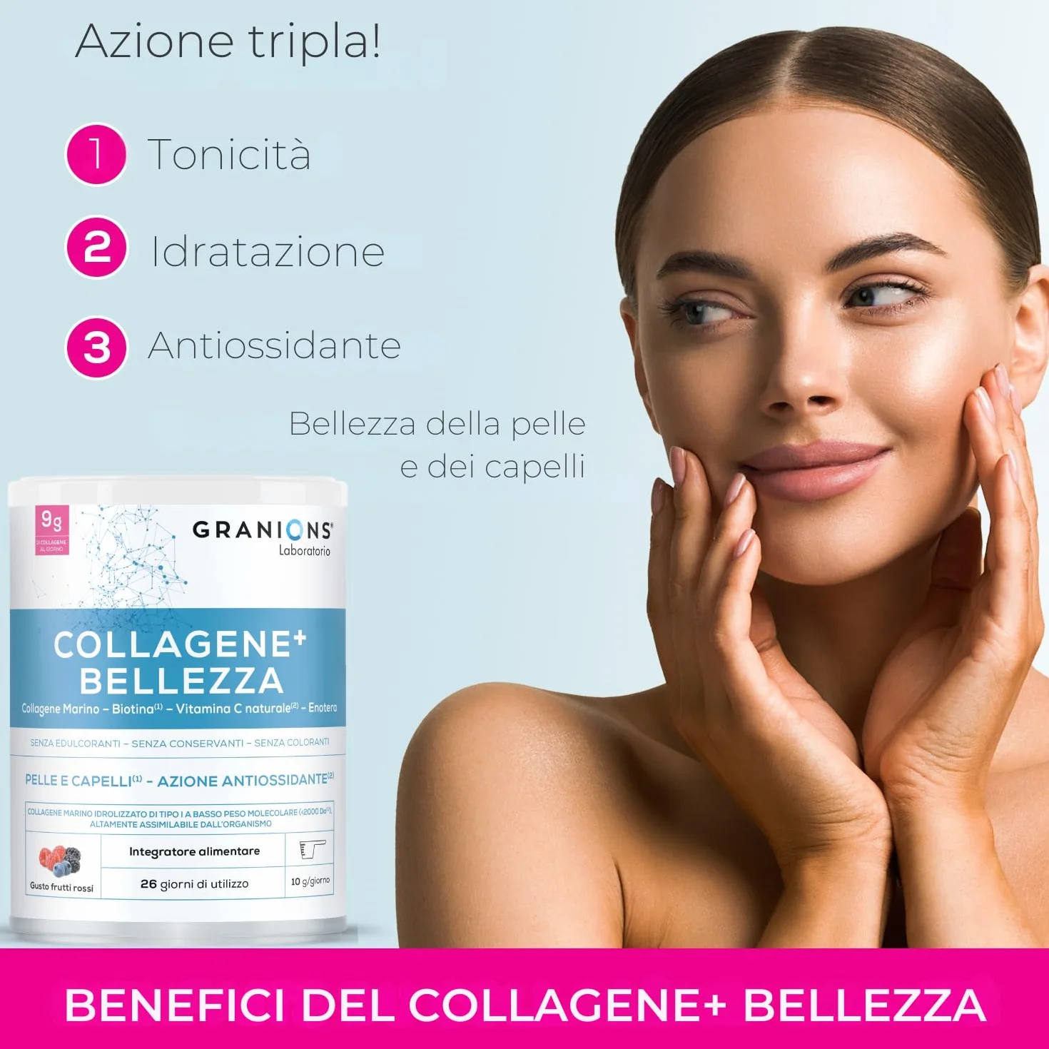 GRANIONS Collagene+ Bellezza in Polvere 260 g | 9 g Collagene Marino Tipo I | Acido Ialuronico + Biotina + Vitamina C + Enotera | Aroma Frutti Rossi | 26 Giorni