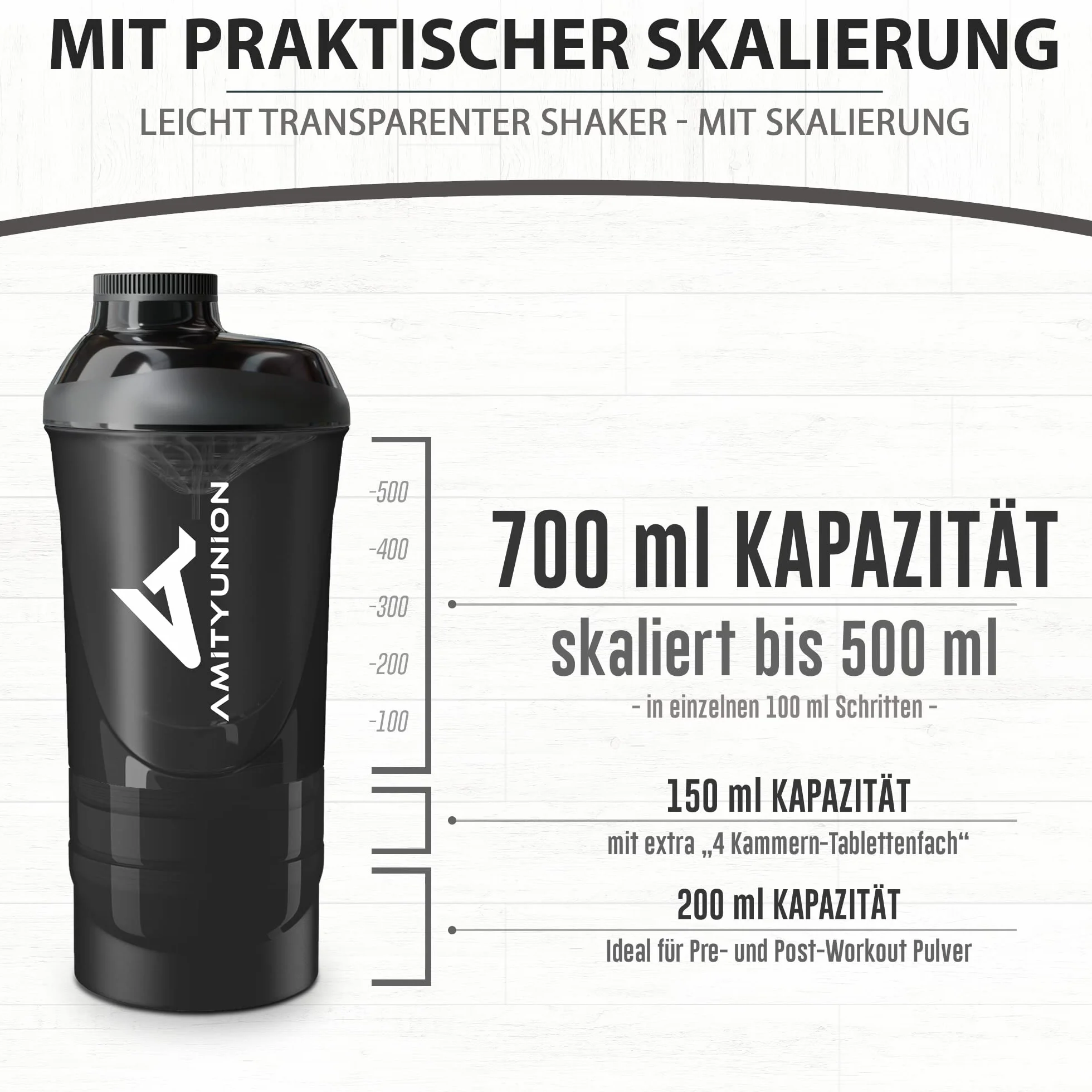 AMITYUNION Shaker per proteine ​​- L'ORIGINALE Senza BPA con setaccio, scala per frullati di siero di latte cremosi, tazze Gym Deluxe per isolati e concentrati sportivi, (Tazza fumogena nera)