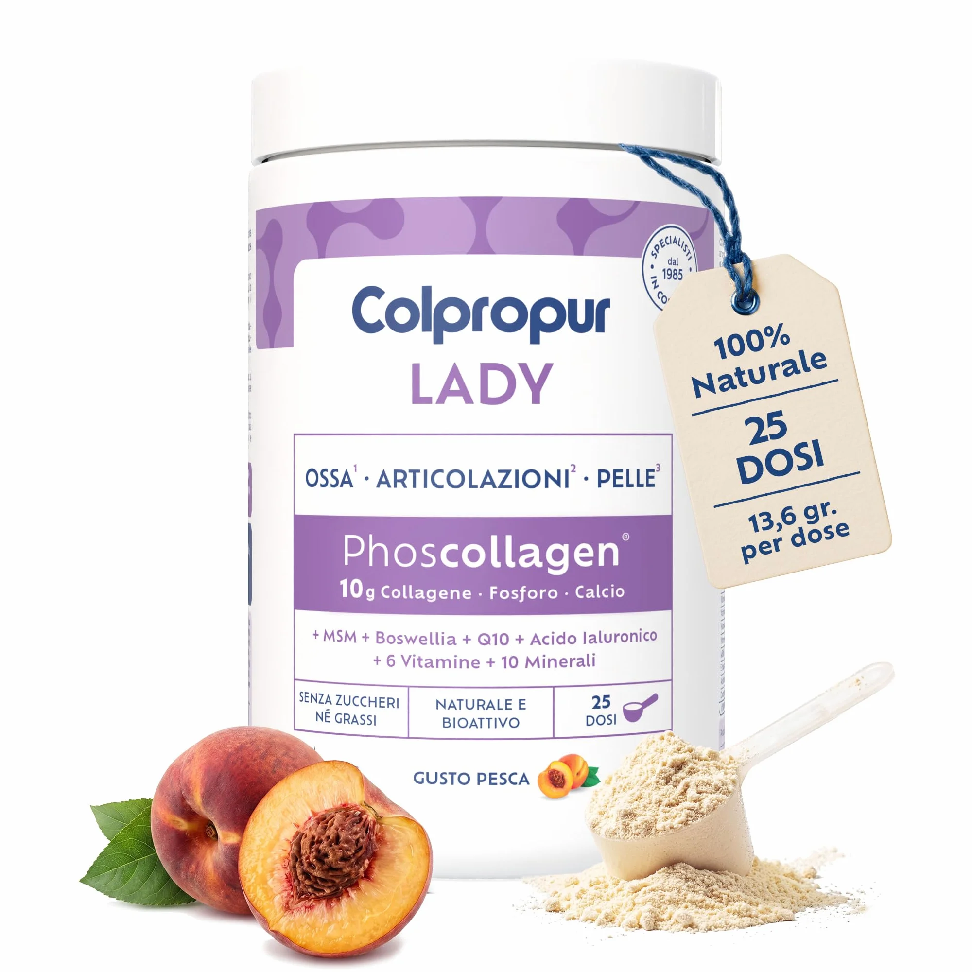 Colpropur Lady Gusto Pesca Collagene Idrolizzato in Polvere da Bere Peptidi di Collagene Integratore per Ossa Pelle e Articolazioni 340g