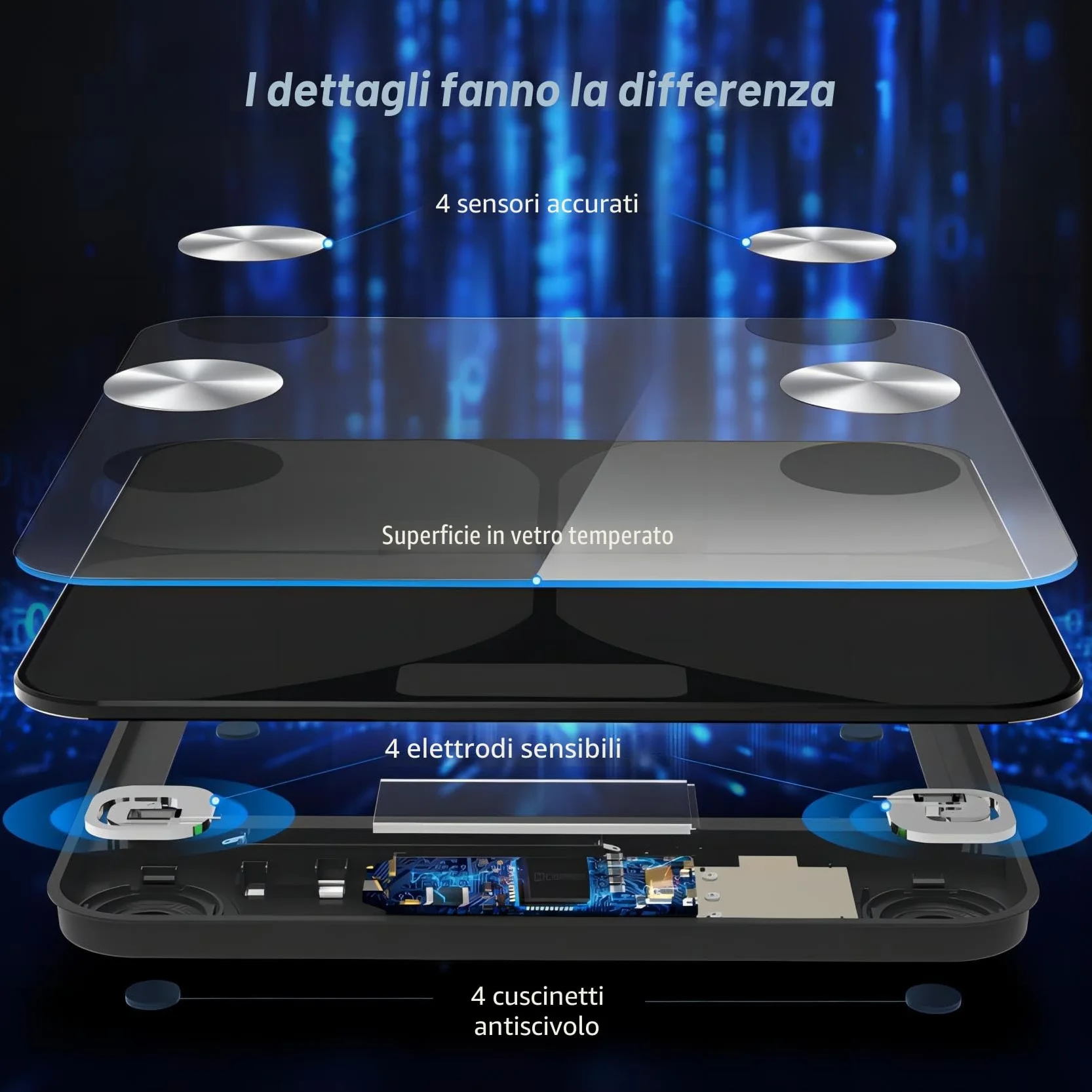 Bilancia Pesapersone Digitale Professionale Impedenziometrica Senza Fili Intelligente per iOS & Android 13 Indici 26x26cm Nero