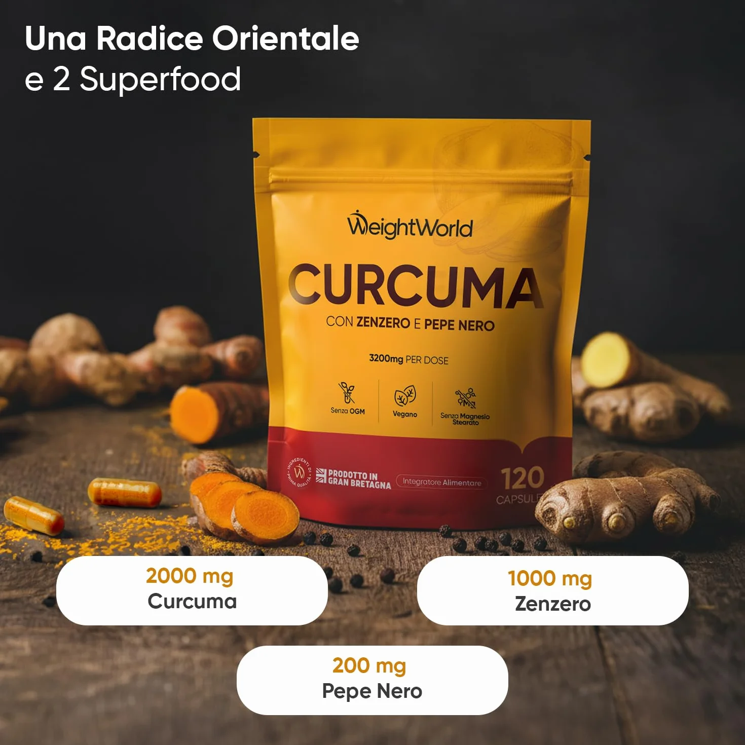 Curcuma Piperina Zenzero Integratore 3200mg 120 Capsule Vegane con Pepe Nero