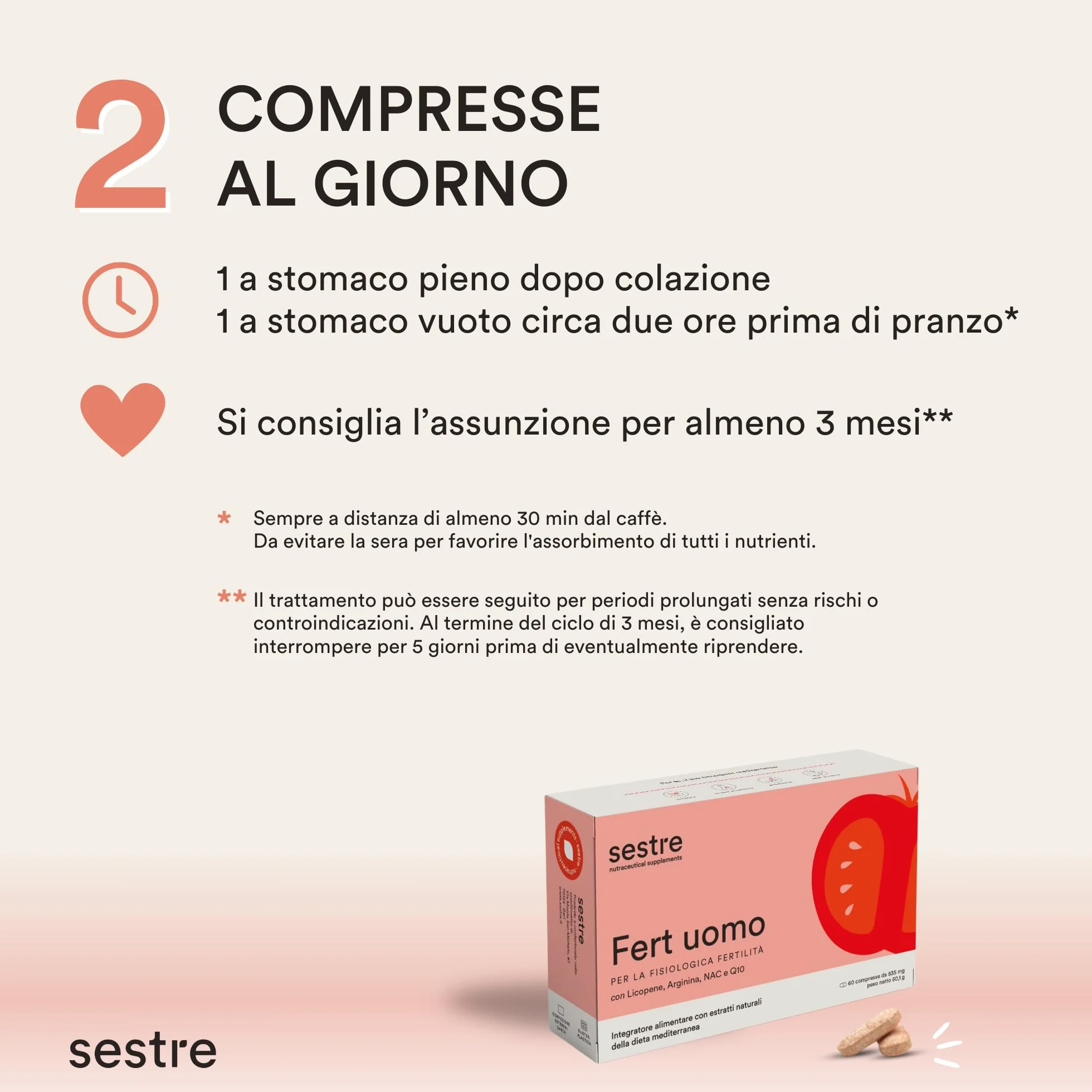 Sestre Fert Uomo, Integratore per la Fertilità Maschile, Aiuta a Mantenere Normali i Livelli di Testosterone, con Licopene, Selenio, Zinco e Altri Attivi Nutraceutici, 60 Compresse