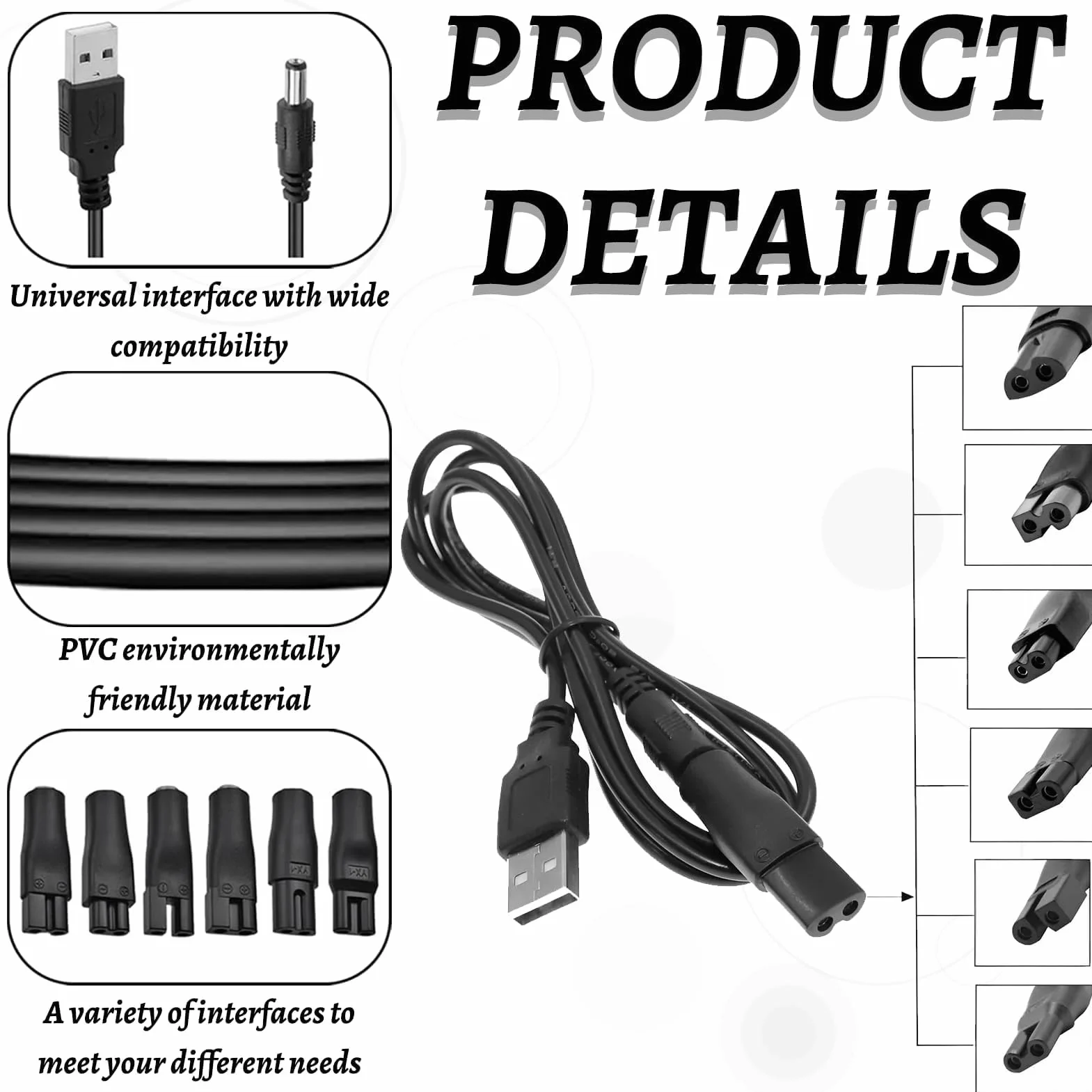 Caricatore da rasoio 5V USB con 6 connettori adattatori universale