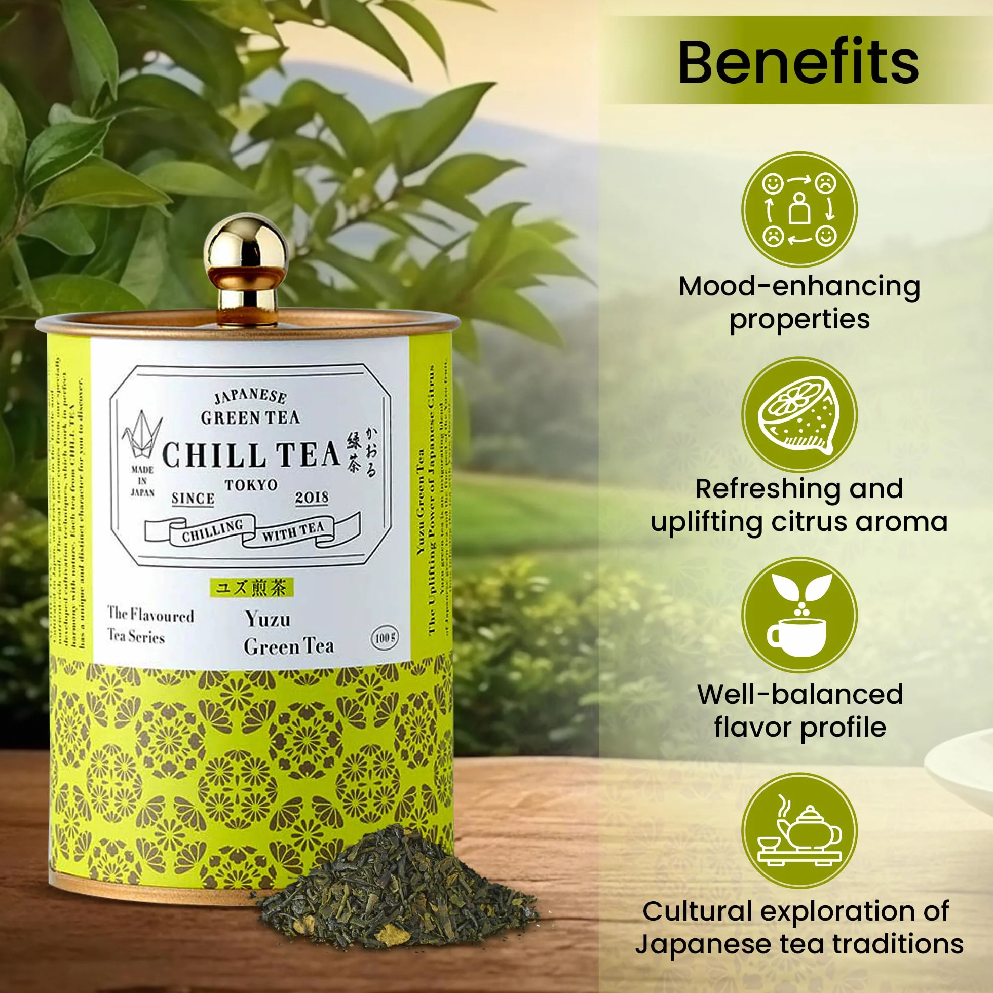 Tè verde agli agrumi Yuzu di CHILL TEA Tokyo - Tè verde 100% giapponese a foglie sfuse con agrumi giapponesi - Sapore fresco e fruttato (100g)