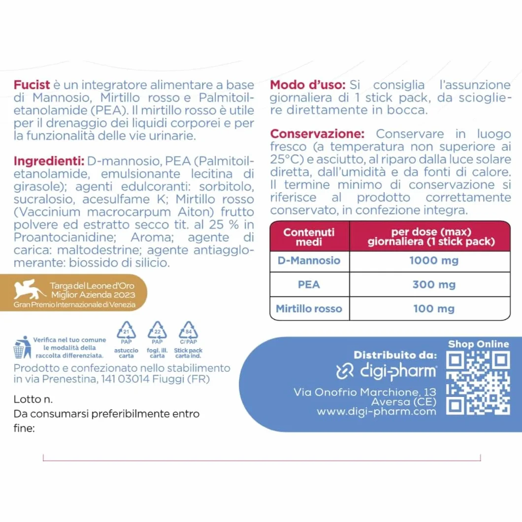 FUCIST Integratore Vie Urinarie con D-Mannosio 1000 Mg, Mirtillo Rosso e PEA Palmitoiletanolamide, Alta concentrazione per Candida Cistite in Stick Orosolubili pronti all'uso