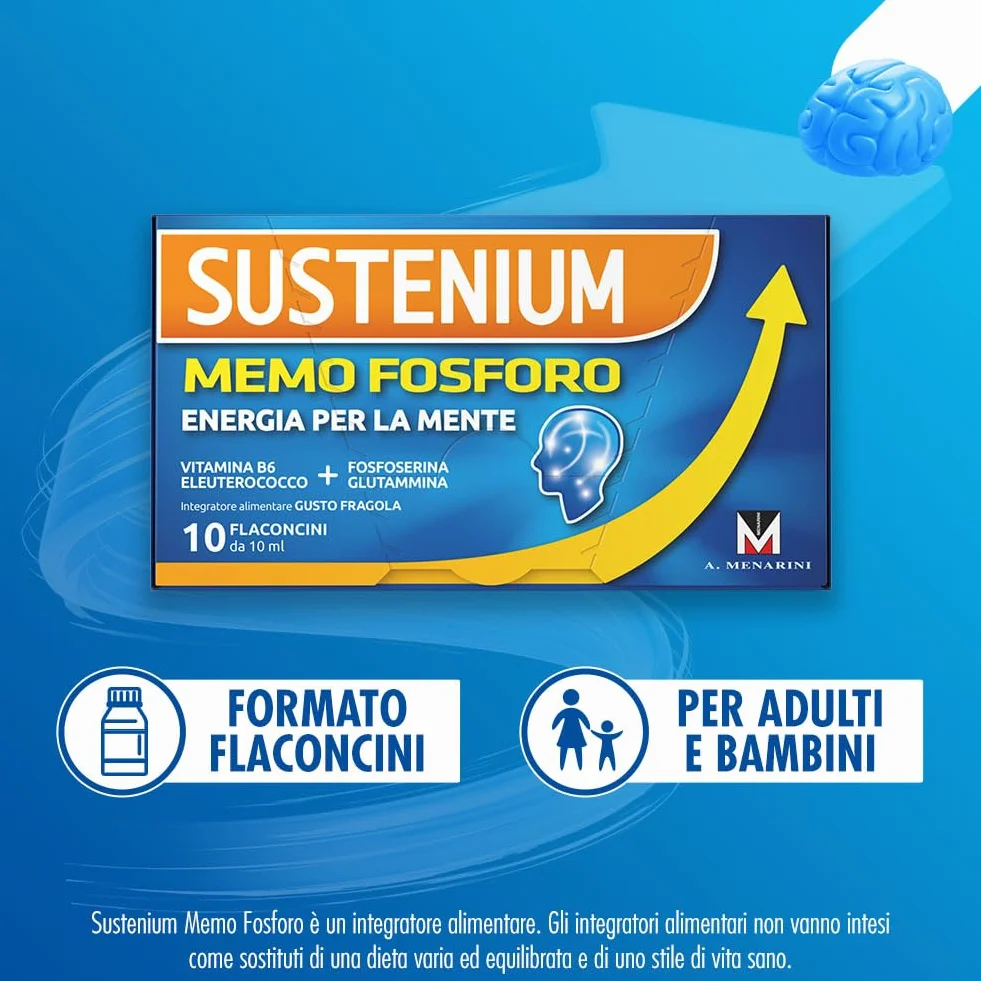 Sustenium Memo Fosforo - Integratore alimentare a base di Fosfoserina, Glutammina, Vitamina B6 ed Eleuterococco. Energia per la mente. Confezione da 10 flaconcini (10ml)