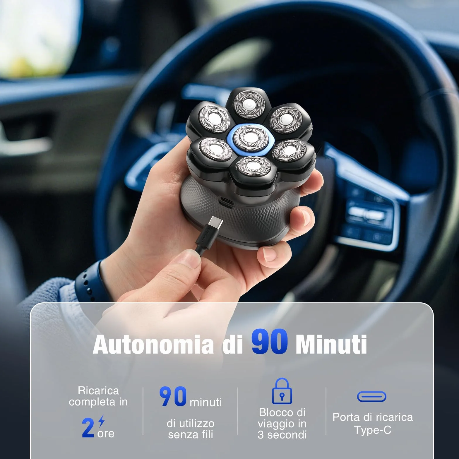 Kensen Rasoio Zero Assoluto 2 Velocità 7D Impermeabile Cordless 100 Minuti Display LED USB-C Nero Uomo