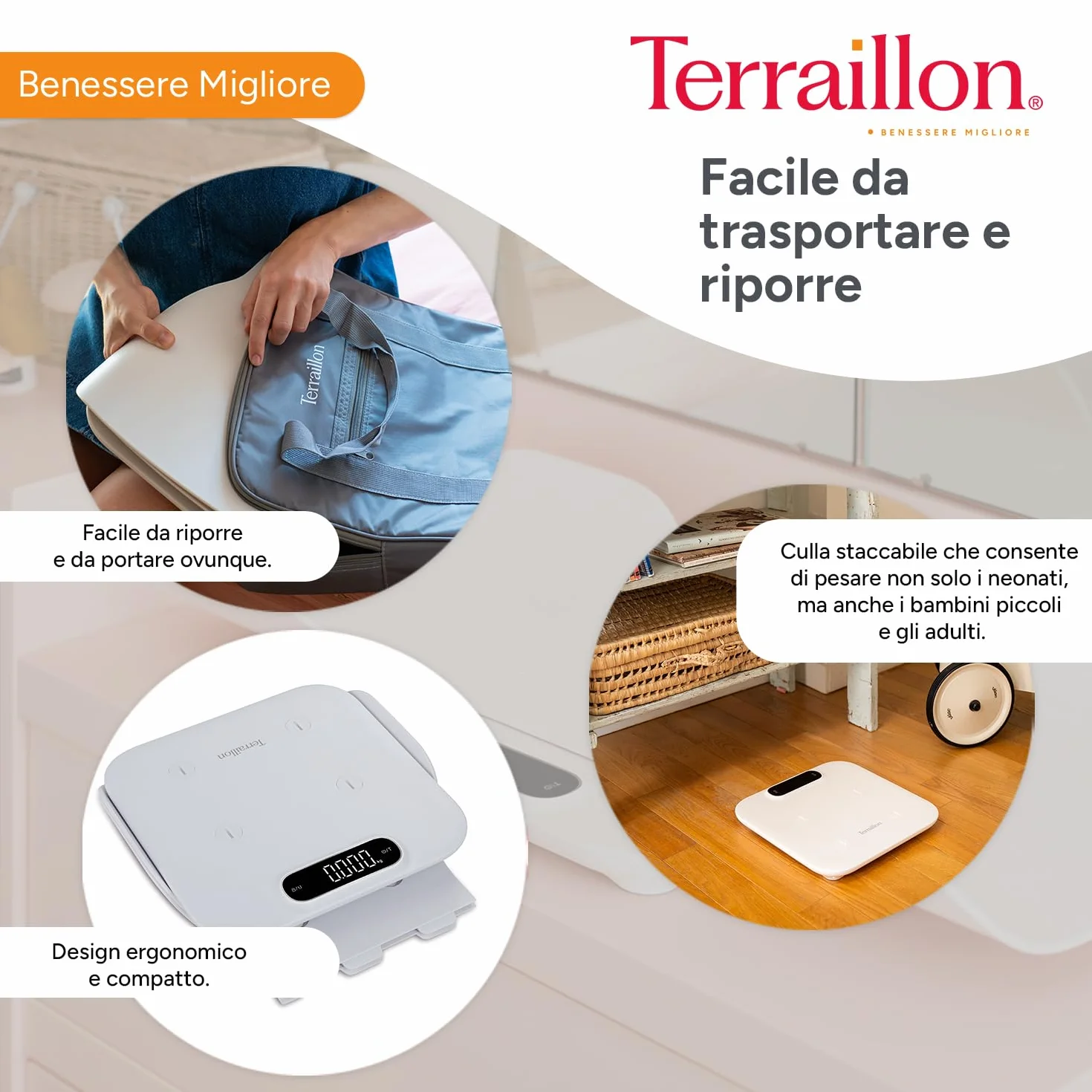 TERRAILLON BABY FIT Pesa Bambino 2 in 1 Elettronica Navicella Staccabile Confronto Peso Blocco Bambino Gradazione 5-10-15 g Capacità 180 kg Bianco