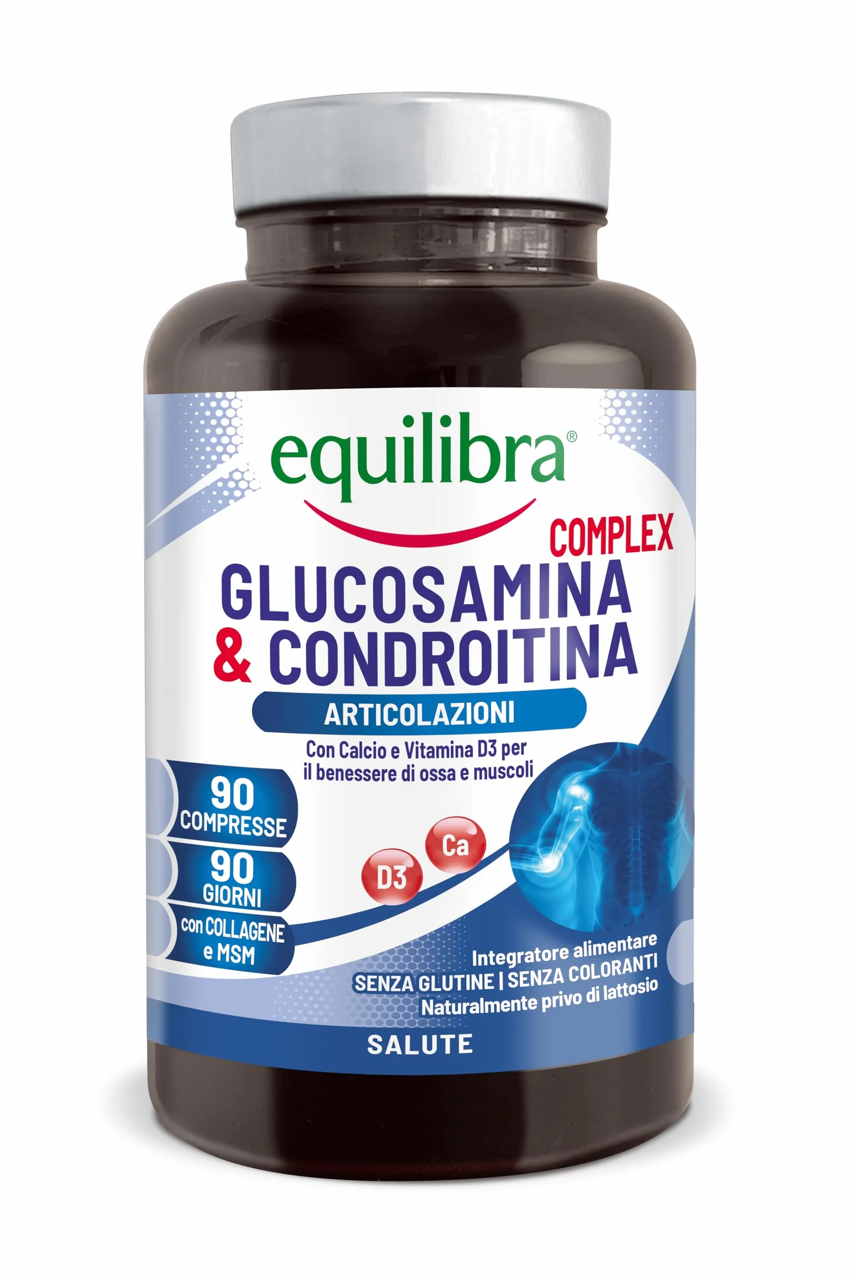 Equilibra Integratori Alimentari, Glucosamina & Condroitina Complex, Integratore a Base di Glucosamina e Condroitina, con MSM, Calcio, Zinco e Vitamina D3, Per le Articolazioni, 90 compresse