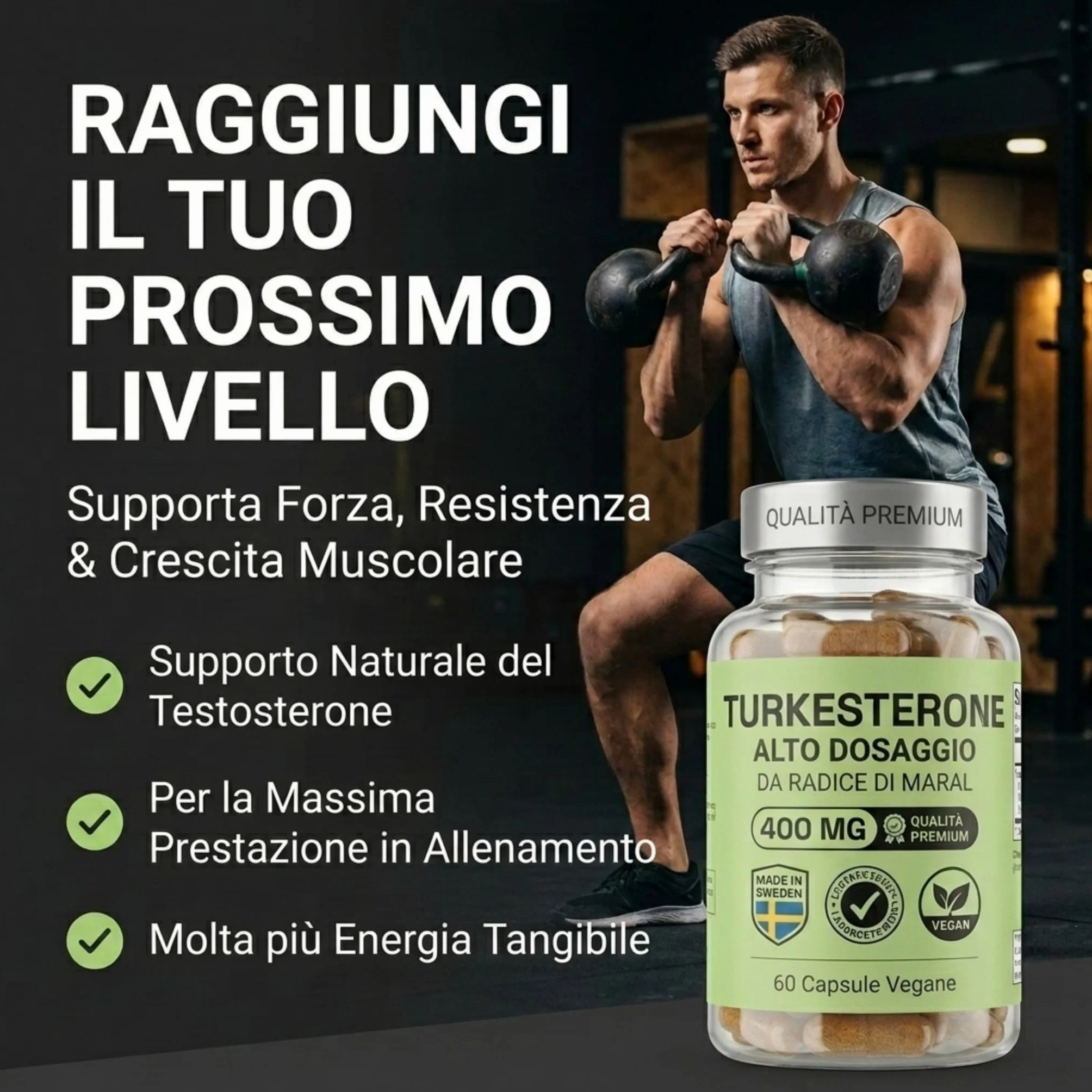 NOOP Turkesterone 400 mg Integratore Testosterone Uomo Booster Massa Muscolare Forza Radice di Maral Vegano 60 Capsule