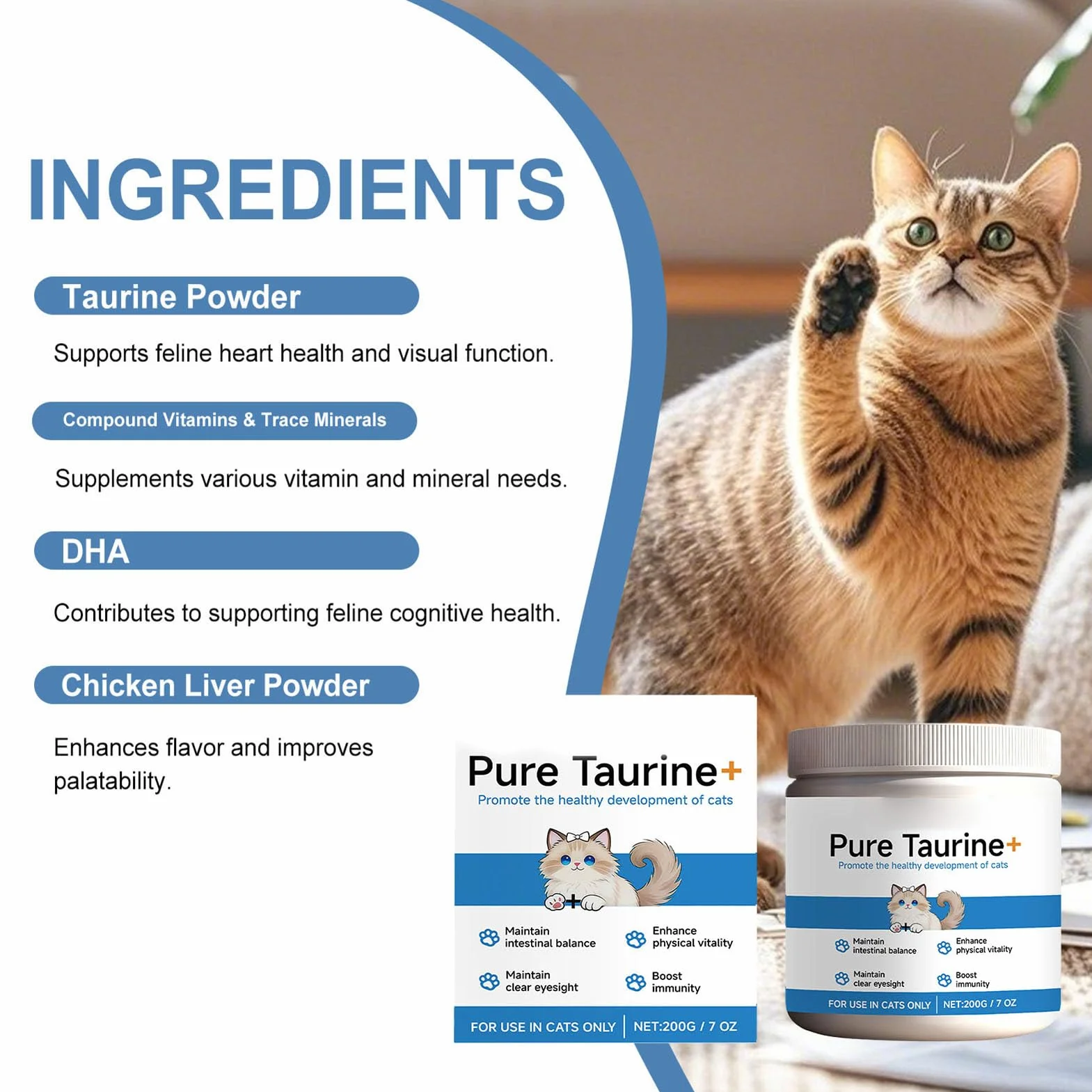 Integratore Per Gatti Con Taurina, Taurina Integratore Polvere, 200ml Taurine Gatto Puro Felino, Integratori Per Animali Domestici, Integratori Alimentari Quotidiani Gatti, Alimenti Umidi O Secchi