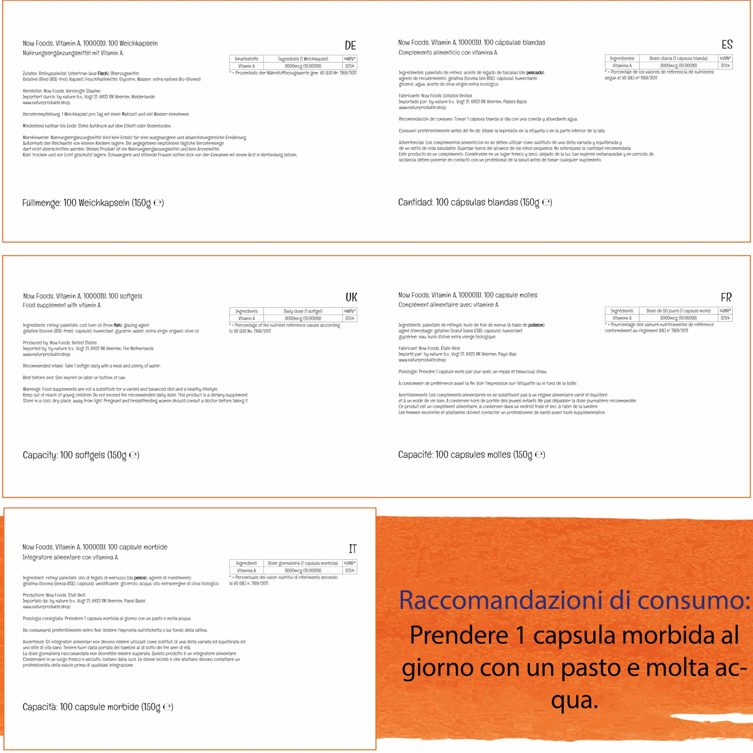 Now Foods Vitamina A 10000IU, 3000mcg, da palmitato di retinile e olio di fegato di merluzzo, ad alto dosaggio, 100 capsule, Testato in Laboratorio, Senza Glutine, Senza Soia, Non-GMO