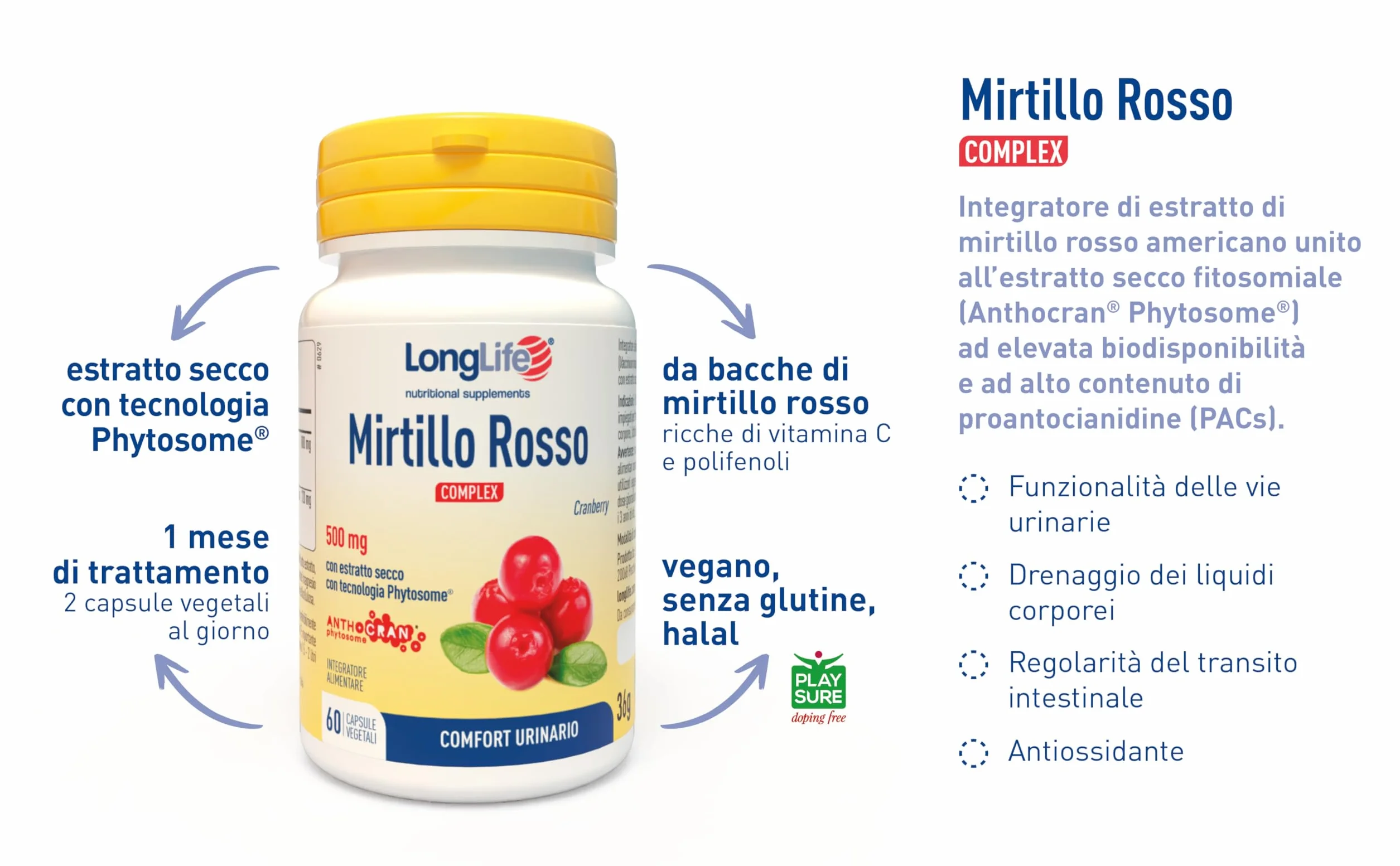 LongLife® Mirtillo Rosso Complex | Comfort urinario | Funzione depurativa e antiossidante | 1 mese di trattamento | Vegano e senza glutine